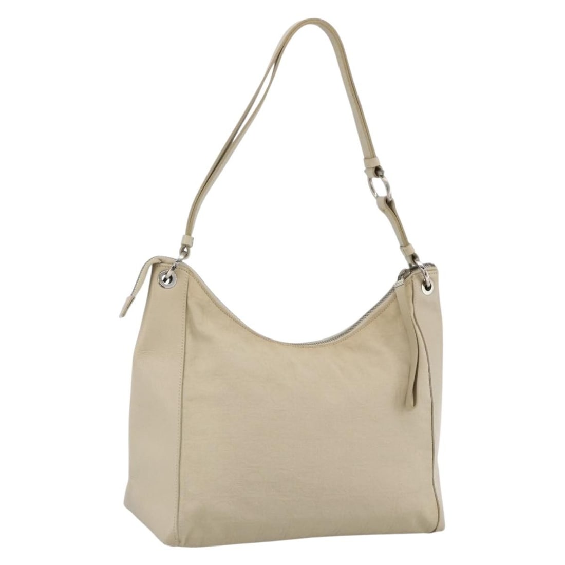 Beige Canvas Shoulder Purse by Salvatore Ferragamo with Silver Accents: Beige Canvas Shoulder Purse by Salvatore Ferragamo with Silver Accents This Salvatore Ferragamo shoulder bag is crafted from beige and silver canvas, designed for women. The bag features a practical s