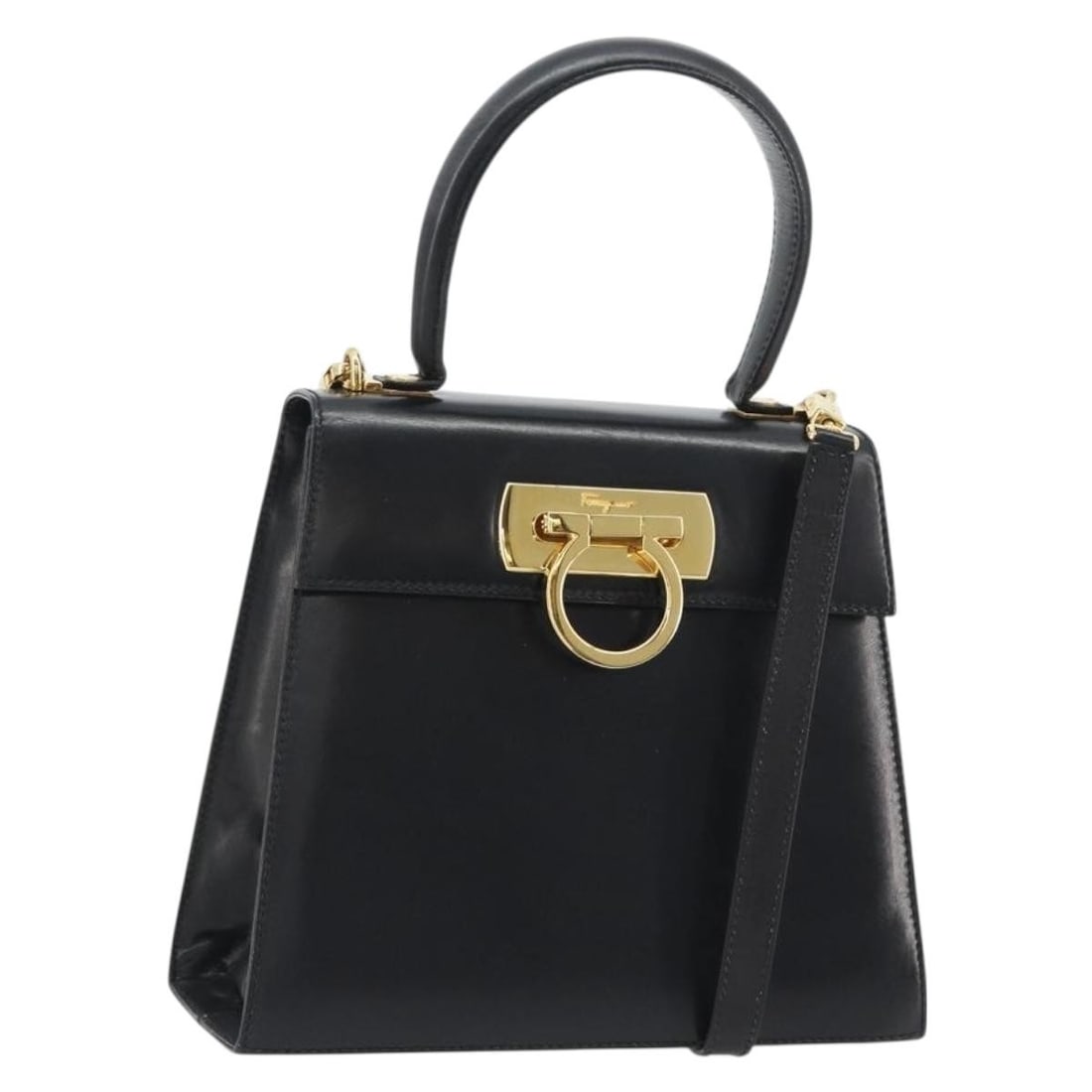 Salvatore Ferragamo Gancini Leather 2way Handbag Black Gold Tone Strap: Salvatore Ferragamo Gancini Leather 2way Handbag Black Gold Tone Strap Salvatore Ferragamo Gancini 2-way handbag in black and gold leather, made in Italy. It comes with a shoulder strap and features a