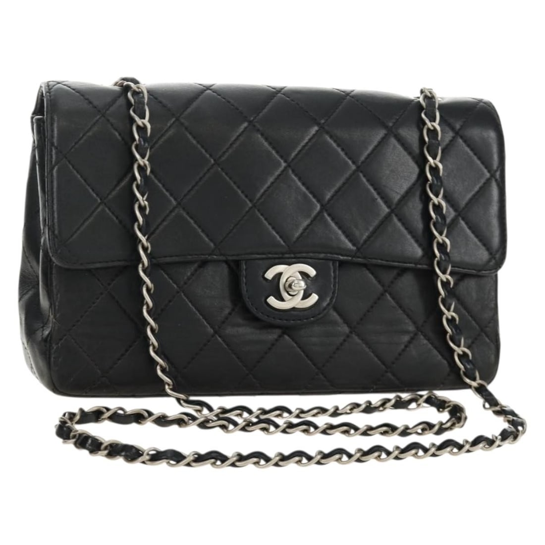 CHANEL Matelasse 25 Lamb Skin Shoulder Bag Black Silver CC: CHANEL Matelasse 25 Lamb Skin Shoulder Bag Black Silver CC CHANEL Matelasse 25 chain shoulder bag in black lamb skin with silver-tone CC hardware. Made in France, this women's shoulder bag measures ap