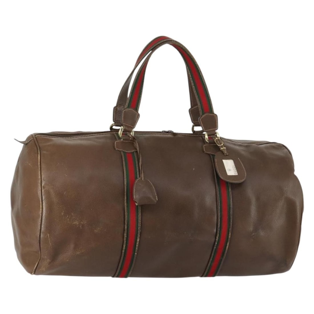 Brown Leather Boston Bag by Gucci Web Sherry Line 40 002 548 33: Brown Leather Boston Bag by Gucci Web Sherry Line 40 002 548 33 This is a GUCCI Boston Bag from the Web Sherry Line, crafted in brown and gold leather. The bag features a classic Boston silhouette wit