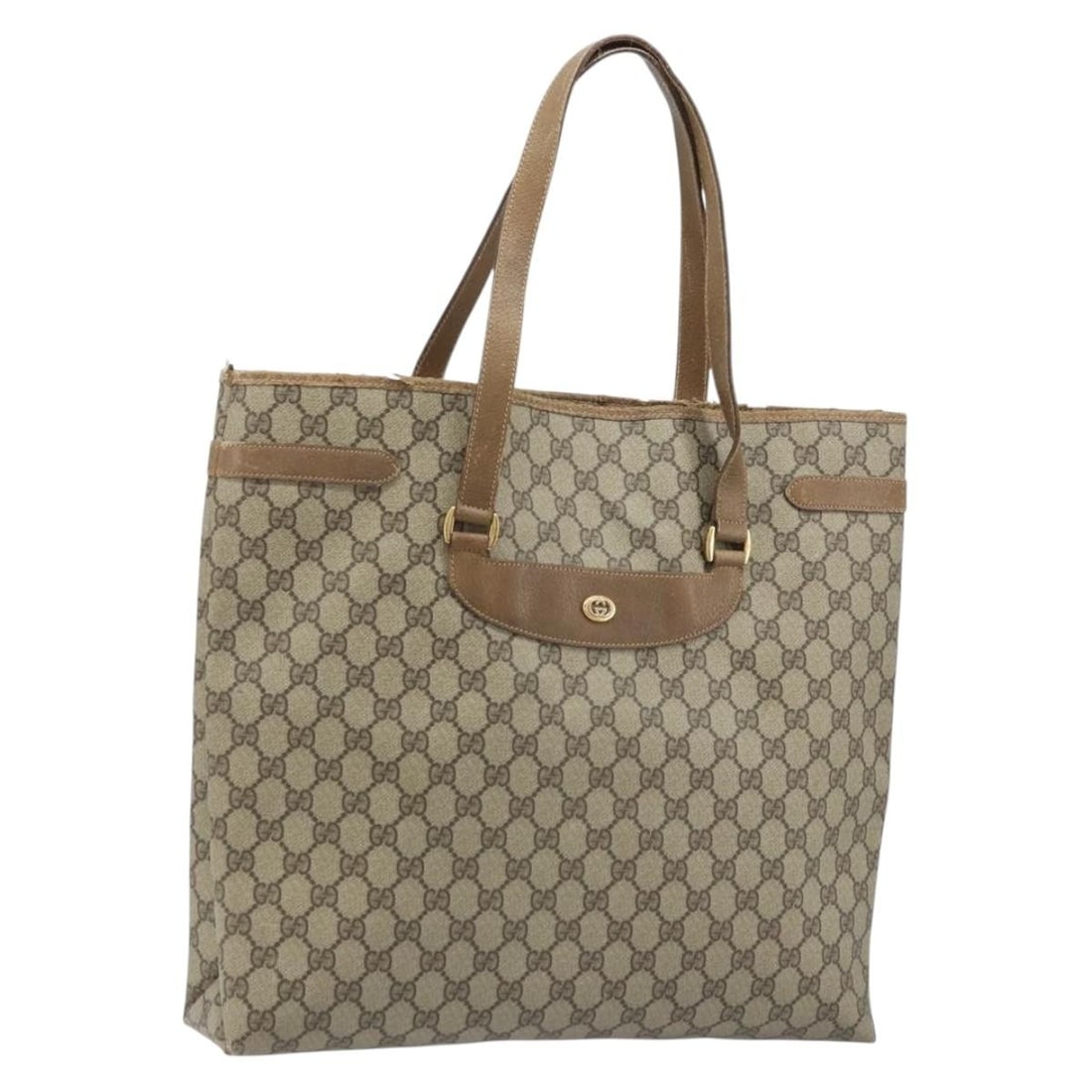 Beige Gold PVC GG Supreme Tote by Gucci Model 39 02 061: Beige Gold PVC GG Supreme Tote by Gucci Model 39 02 061 This is a Gucci GG Supreme tote bag crafted from beige and gold PVC leather with GG canvas accents. Designed for women, the bag features dual to