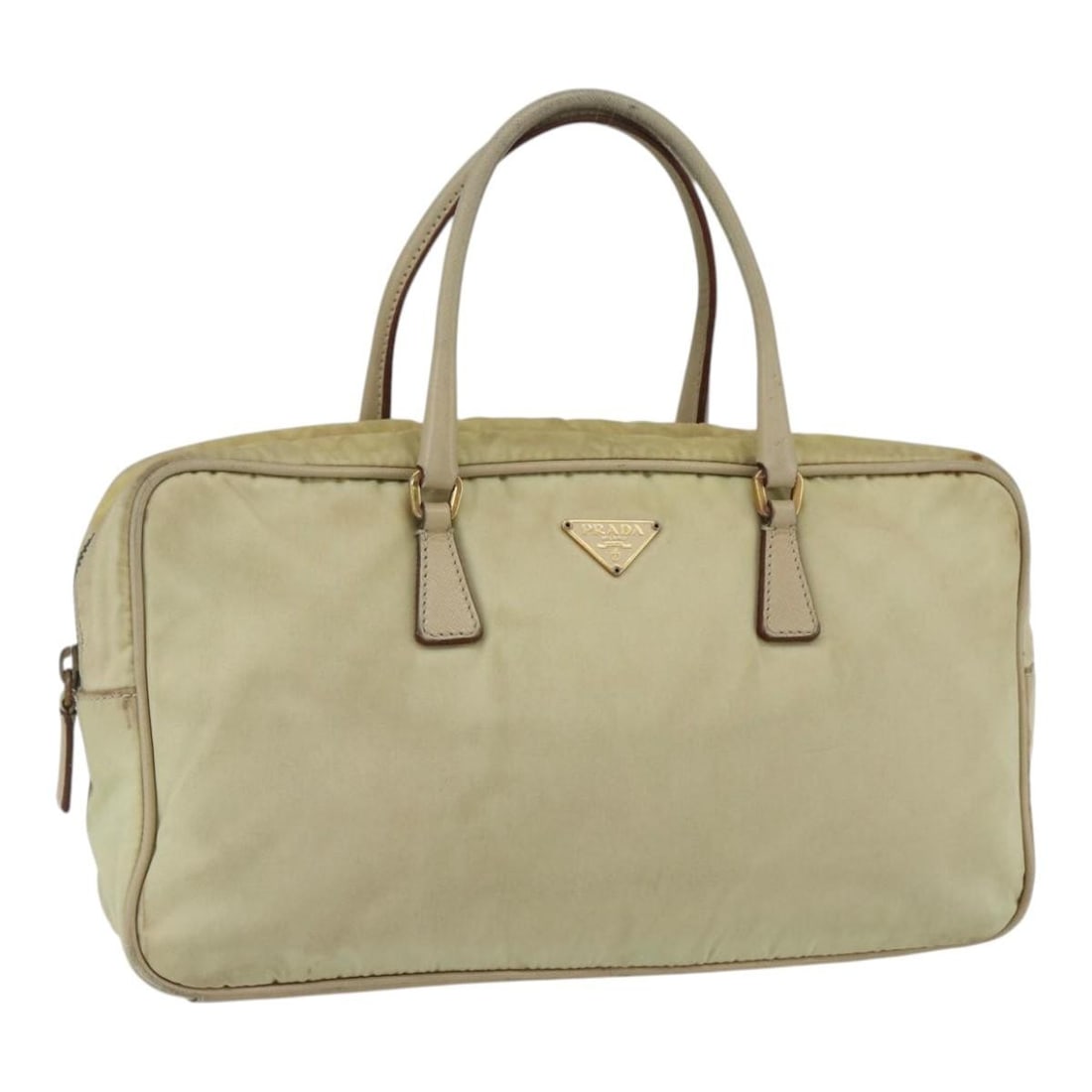 Prada Ivory Nylon Women Handbag Made in Italy: Prada Ivory Nylon Women Handbag Made in Italy This PRADA women's handbag is crafted from ivory and gold nylon and was made in Italy. The bag features a compact design with approximate dimensions of 11