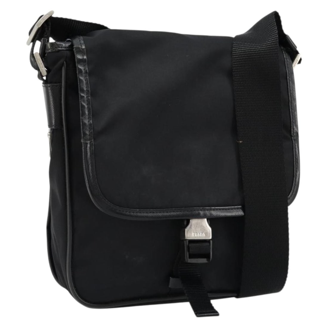 Prada black nylon women shoulder bag Italy silver trim: Prada black nylon women shoulder bag Italy silver trim This PRADA shoulder bag features a black and silver nylon exterior with silver-tone hardware. Designed for women, it is made in Italy and offers 