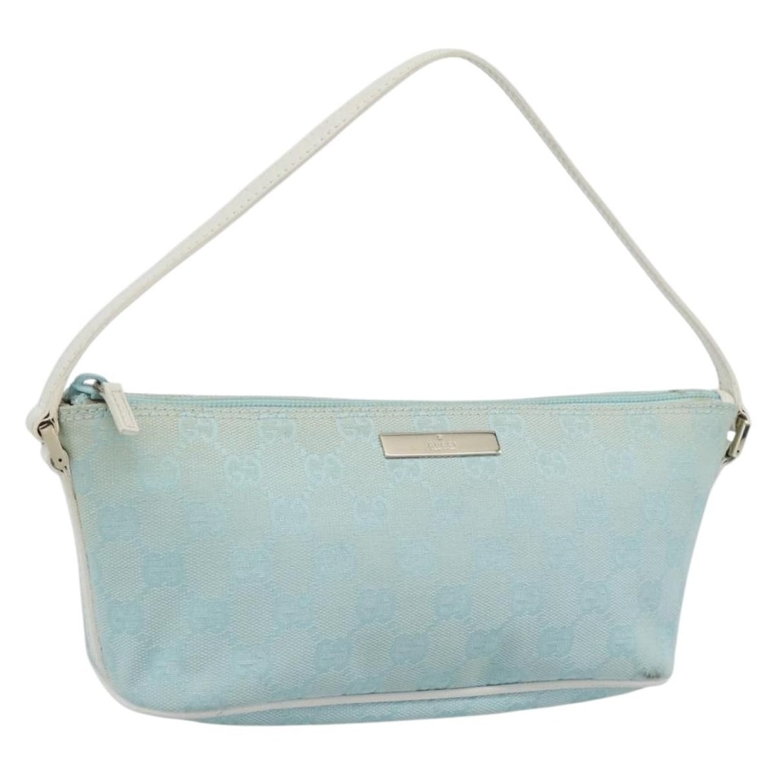 Gucci 039 1103 2123 GG Canvas Accessory Pouch Light Blue Gold: Gucci 039 1103 2123 GG Canvas Accessory Pouch Light Blue Gold This GUCCI accessory pouch is crafted in GG Canvas and presented in a light blue and gold colorway. Made in Italy, it measures approximate