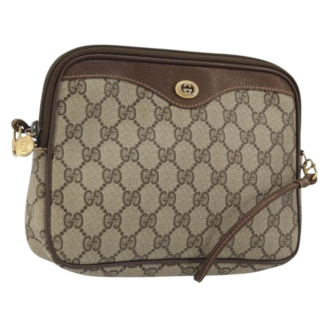 Gucci 97 02 068 GG Supreme PVC Leather Shoulder Bag Beige Gold: Gucci 97 02 068 GG Supreme PVC Leather Shoulder Bag Beige Gold GUCCI shoulder bag in beige and gold PVC leather with GG canvas accents, made in Italy. It features a shoulder strap with an approximate 