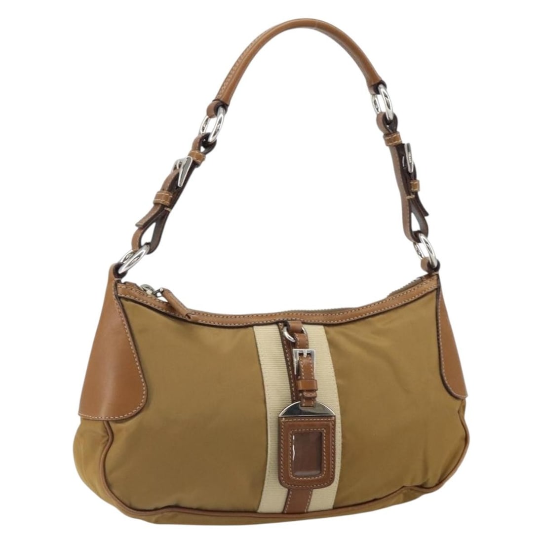Beige Nylon PRADA Shoulder Bag with Silver Accents and Name Tag: Beige Nylon PRADA Shoulder Bag with Silver Accents and Name Tag This PRADA shoulder bag features a beige nylon exterior with silver accents. It is designed with a practical size and a single shoulder 