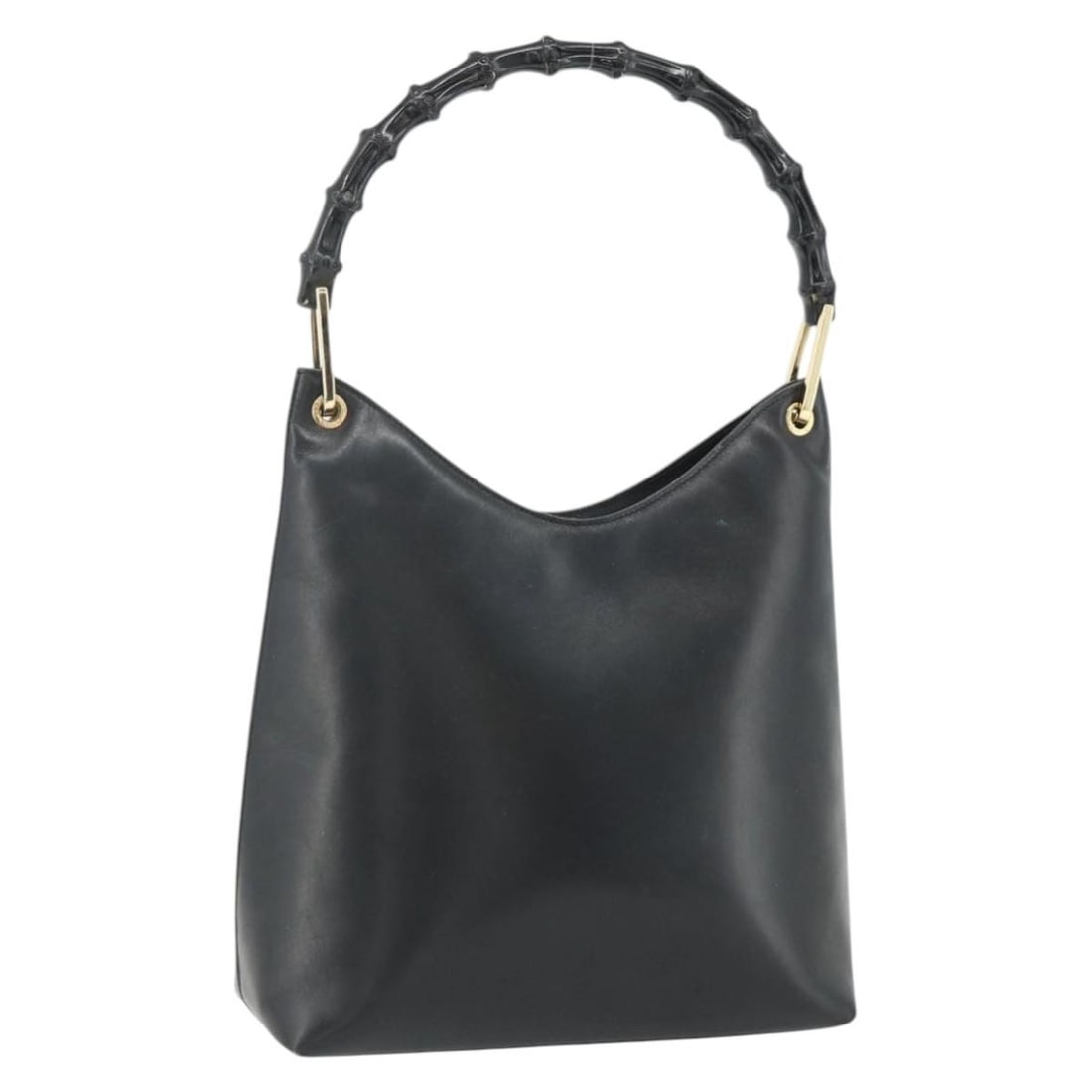 Gucci Bamboo leather black gold shoulder bag 001 3007: Gucci Bamboo leather black gold shoulder bag 001 3007 This GUCCI Bamboo Shoulder Bag is crafted from black leather with gold accents, featuring the distinctive bamboo detail. Designed as a shoulder ba
