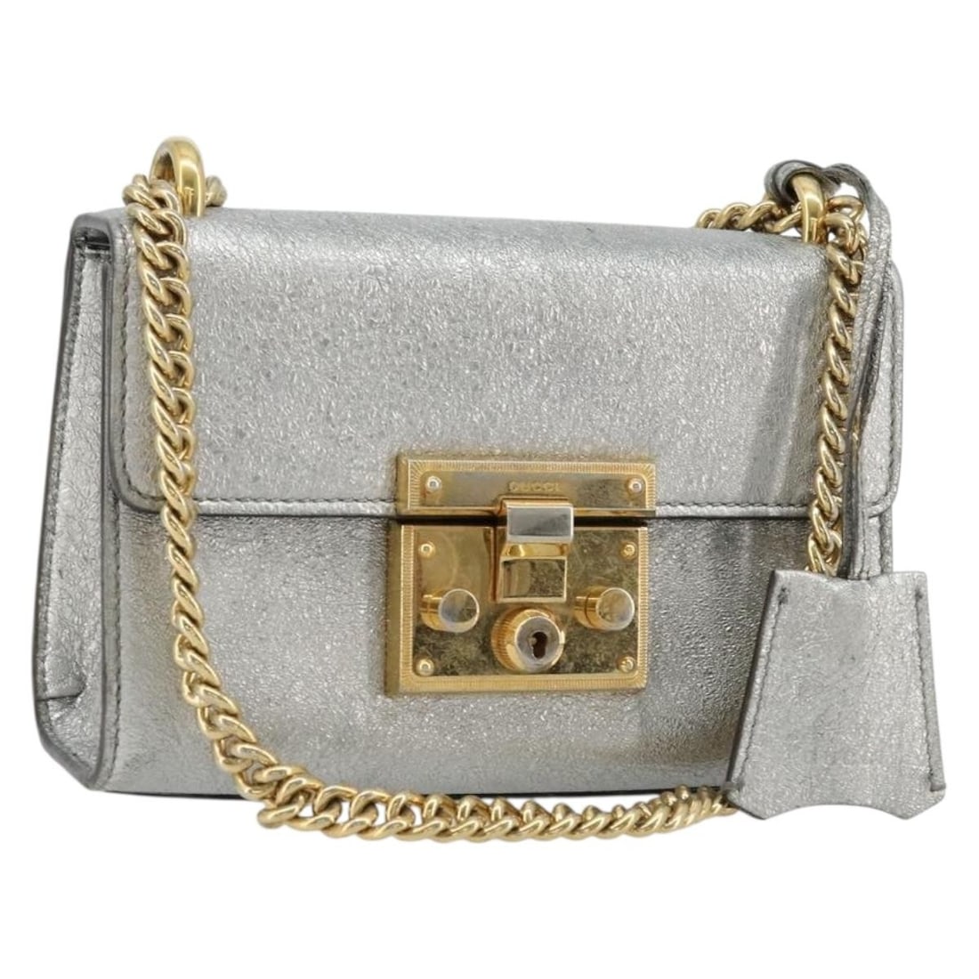 Gucci 409487 Leather Shoulder Bag Gold Silver Chain Strap: Gucci 409487 Leather Shoulder Bag Gold Silver Chain Strap A Gucci chain shoulder bag made of leather in a gold and silver colorway. It includes two keys and a clochette, and was made in Italy. The bag