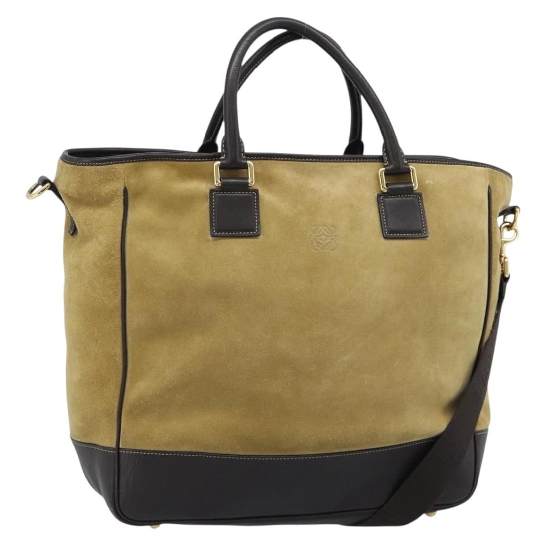 LOEWE Anagram suede 2way handbag beige with shoulder strap: LOEWE Anagram suede 2way handbag beige with shoulder strap A LOEWE Anagram hand bag in beige and gold suede, designed as a 2-way style with a shoulder strap accessory. Made in Spain, it measures appro