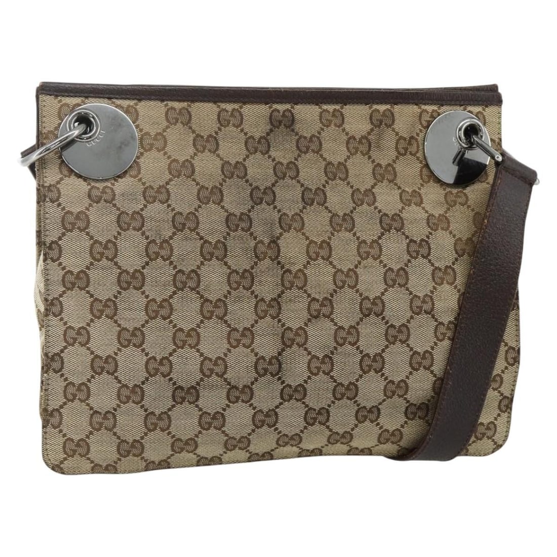 Gucci 120841 GG Canvas Shoulder Purse Beige Brown Silver: Gucci 120841 GG Canvas Shoulder Purse Beige Brown Silver Authentic Gucci shoulder bag in beige and brown GG canvas with silver-tone accents. This women's bag is made in Italy and features a shoulder s