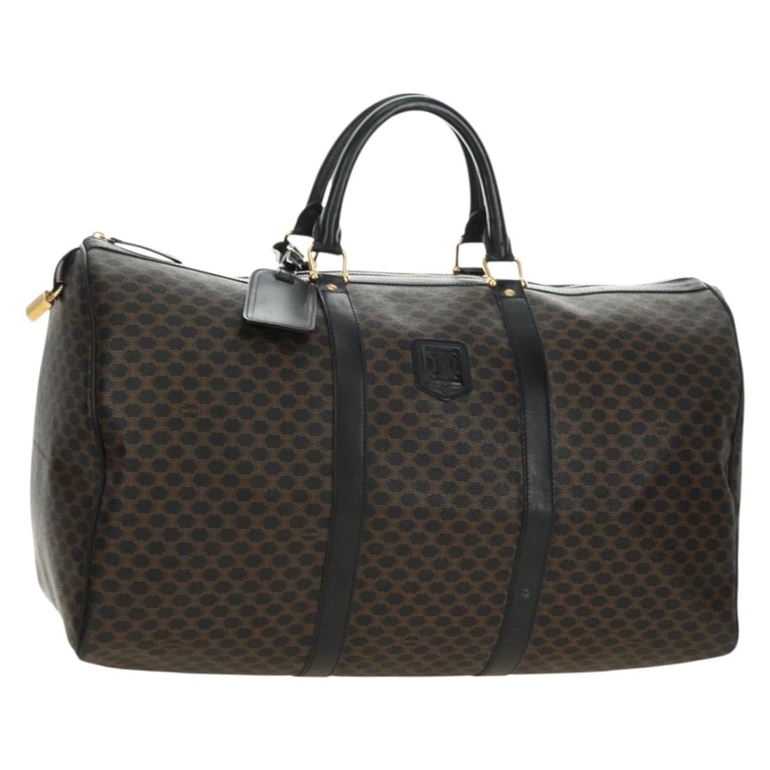 Celine Macadam Boston Bag Black PVC Leather with Name Tag: Celine Macadam Boston Bag Black PVC Leather with Name Tag A CELINE Boston bag in black and gold, made from PVC leather and Macadam canvas. It comes with a name tag and was made in Italy. The bag is in