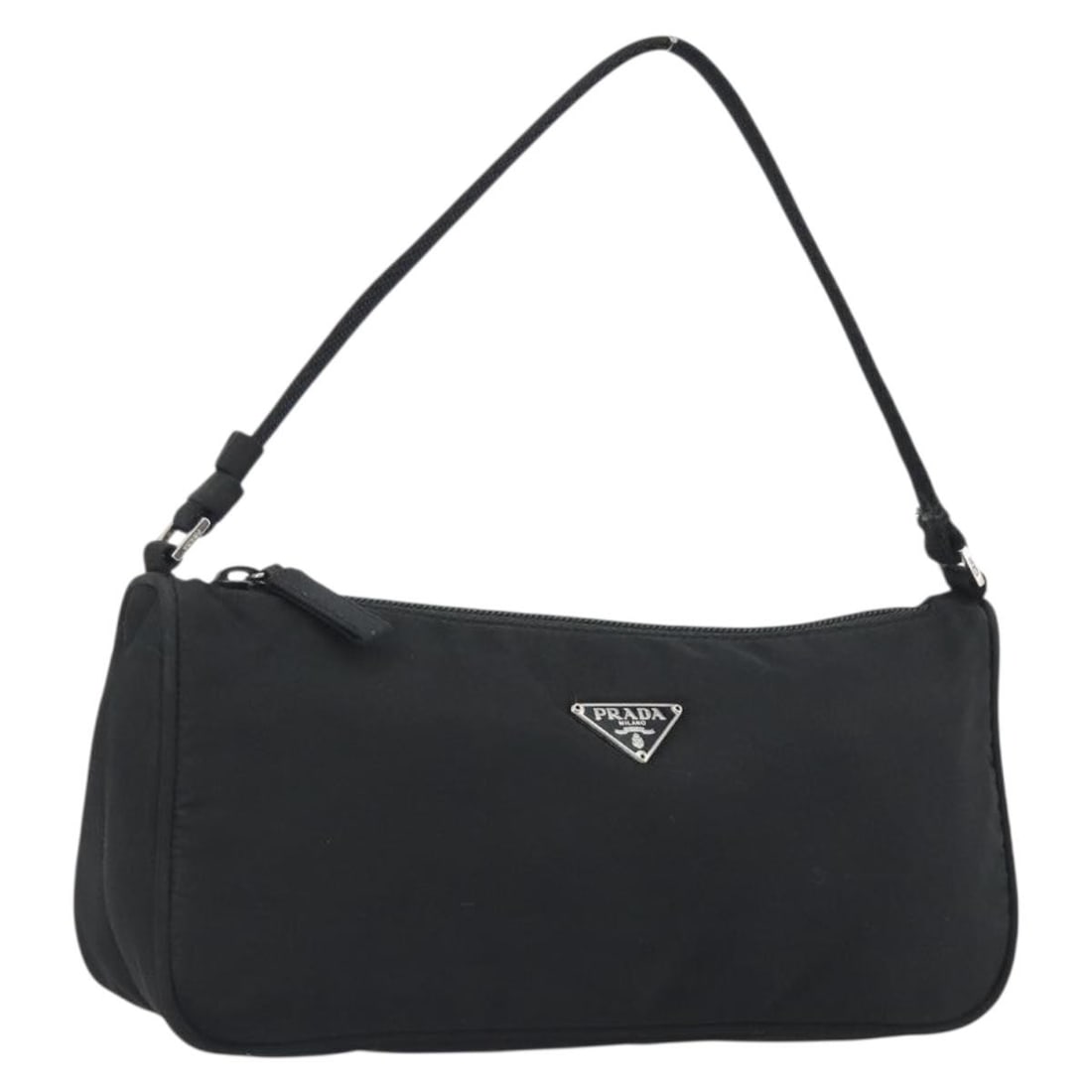 PRADA Nylon Accessory Pouch Black Silver Tone Made in Italy: PRADA Nylon Accessory Pouch Black Silver Tone Made in Italy PRADA accessory pouch in black and silver nylon, made in Italy. This women's pouch measures approximately 23 cm wide x 11 cm high x 6 cm dee