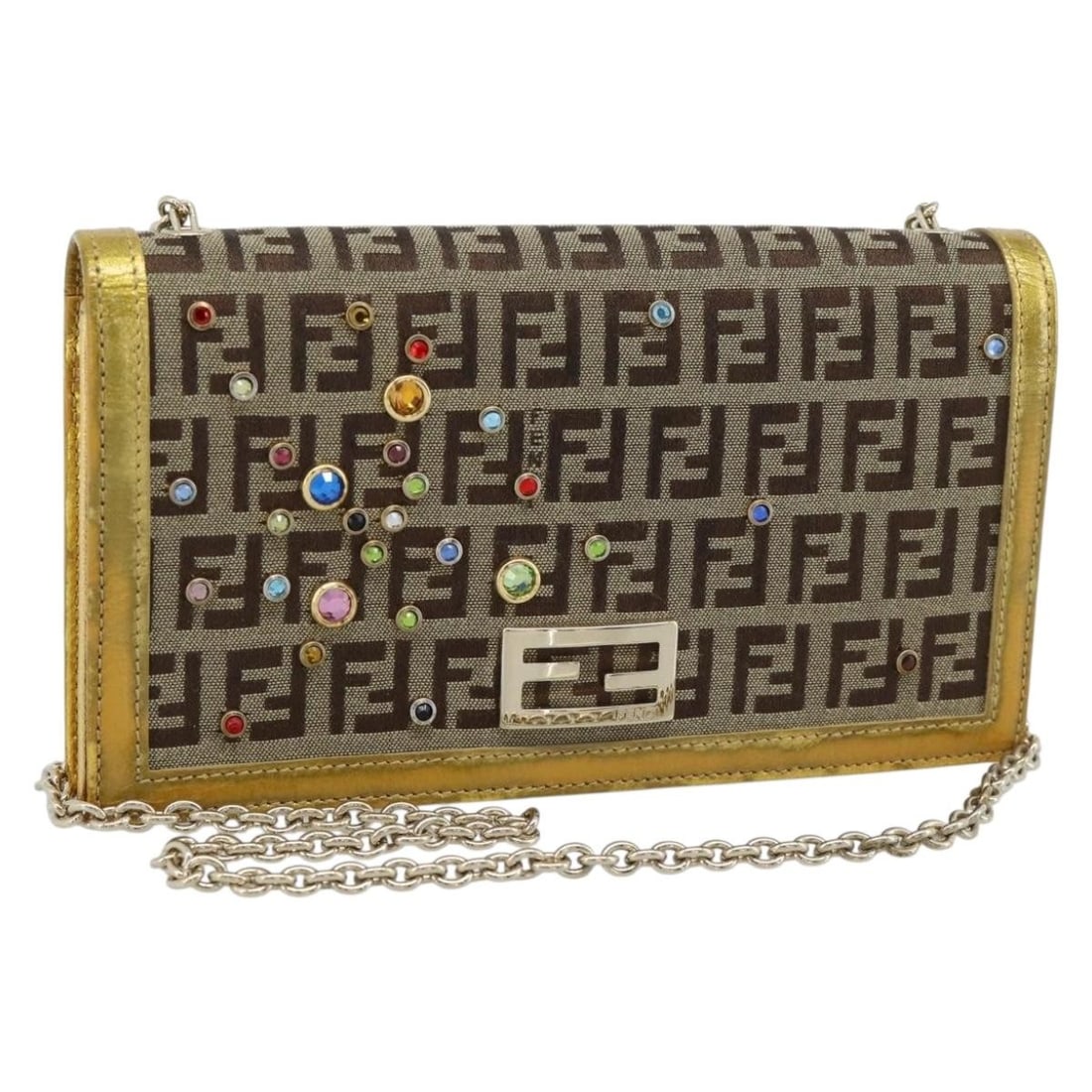 Fendi Zucchino Canvas Shoulder Bag Chain Wallet Beige Gold: Fendi Zucchino Canvas Shoulder Bag Chain Wallet Beige Gold Fendi shoulder bag in beige and gold Zucchino canvas with a chain strap. Includes the dust bag and item box. Condition is heavily used, with 