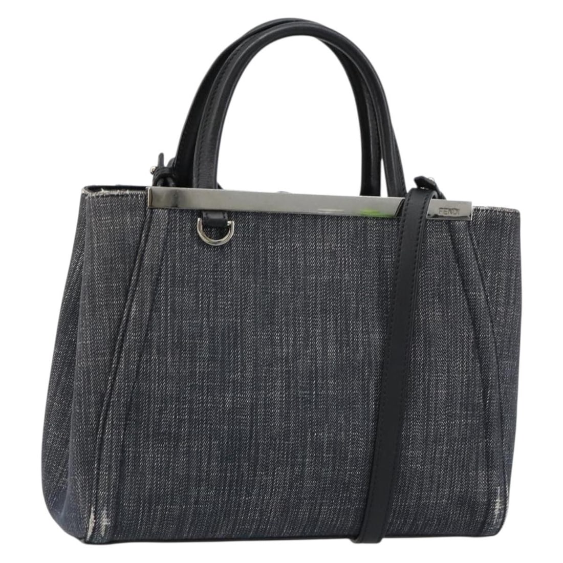 FENDI 2Jours Blue Silver Canvas Handbag with Shoulder Strap: FENDI 2Jours Blue Silver Canvas Handbag with Shoulder Strap This FENDI 2 JOURS handbag features a blue and silver canvas exterior and offers versatile 2-way carrying with both top handles and a detach