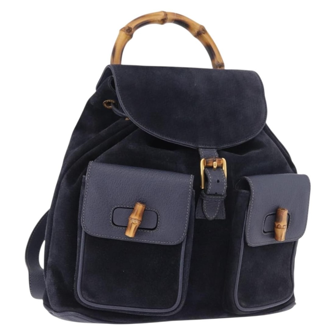 Gucci Bamboo Navy Suede Backpack Gold Tone 003 2058 0016: Gucci Bamboo Navy Suede Backpack Gold Tone 003 2058 0016 Gucci Bamboo backpack in navy suede with gold-tone details. Made in Italy, this backpack measures approximately W30 cm x H28 cm x D10 cm (W11.8