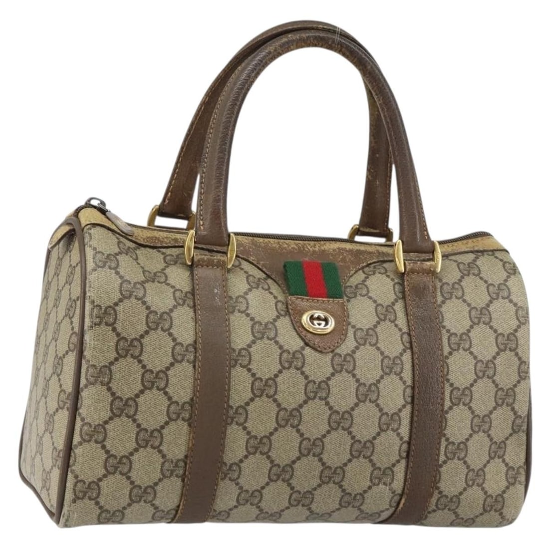 Gucci Boston Bag GG Supreme Sherry Web Beige PVC Leather 40 02 006: Gucci Boston Bag GG Supreme Sherry Web Beige PVC Leather 40 02 006 This is a GUCCI GG Supreme Web Sherry Line Boston Bag crafted from beige and gold PVC leather with GG canvas accents. Made in Italy, 