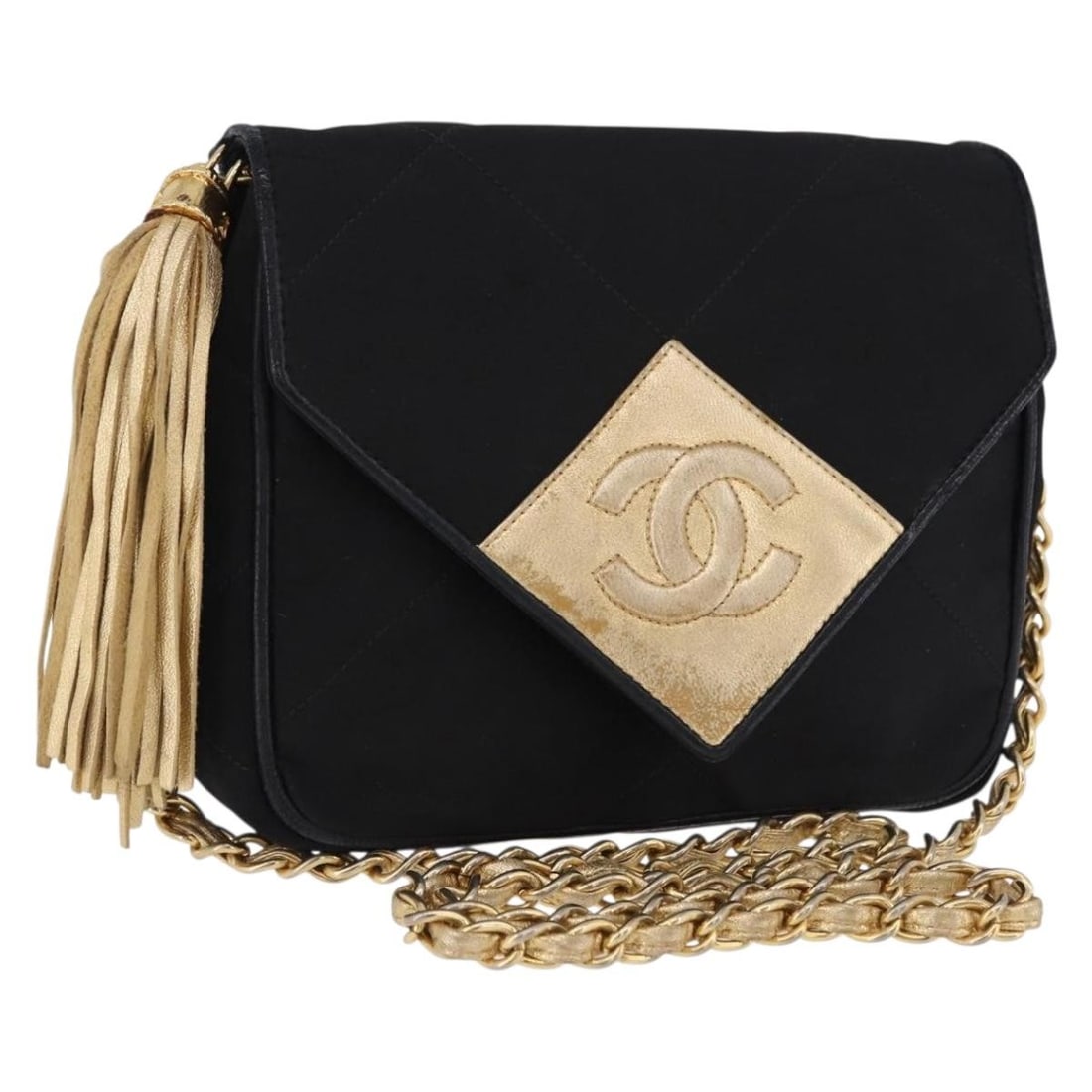 CHANEL CC Satin Shoulder Bag Black Gold Chain with Guarantee Card: CHANEL CC Satin Shoulder Bag Black Gold Chain with Guarantee Card A CHANEL Matelasse chain shoulder bag in black satin with gold-tone accents. This shoulder bag includes a guarantee card and was made 