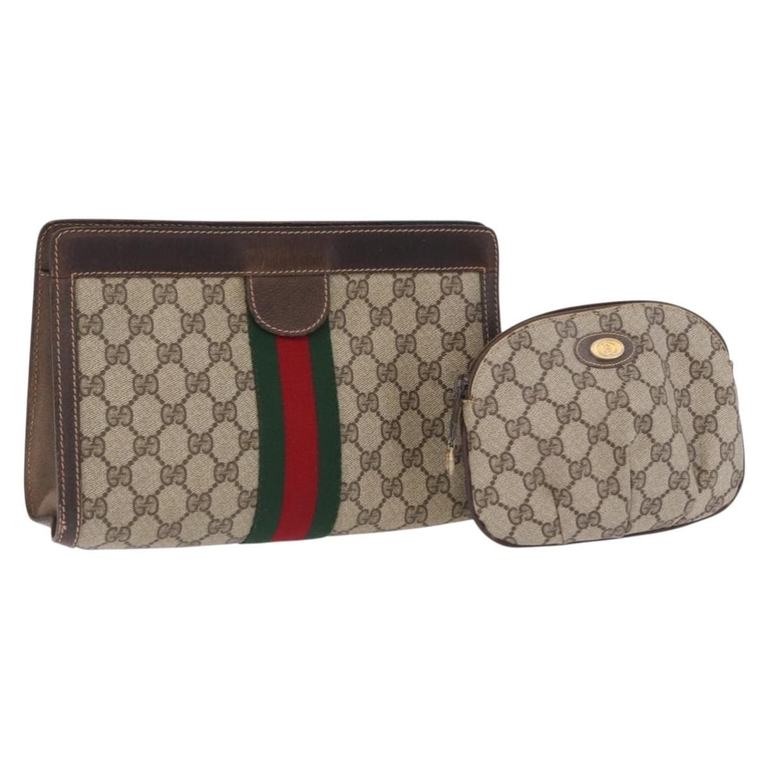 Set of 2 Gucci Sherry Line GG Supreme PVC Clutch Bags Beige: Set of 2 Gucci Sherry Line GG Supreme PVC Clutch Bags Beige Gucci GG Supreme Web Sherry Line clutch bag in beige PVC leather and GG canvas, made in Italy. This is a special set sale, and only the item