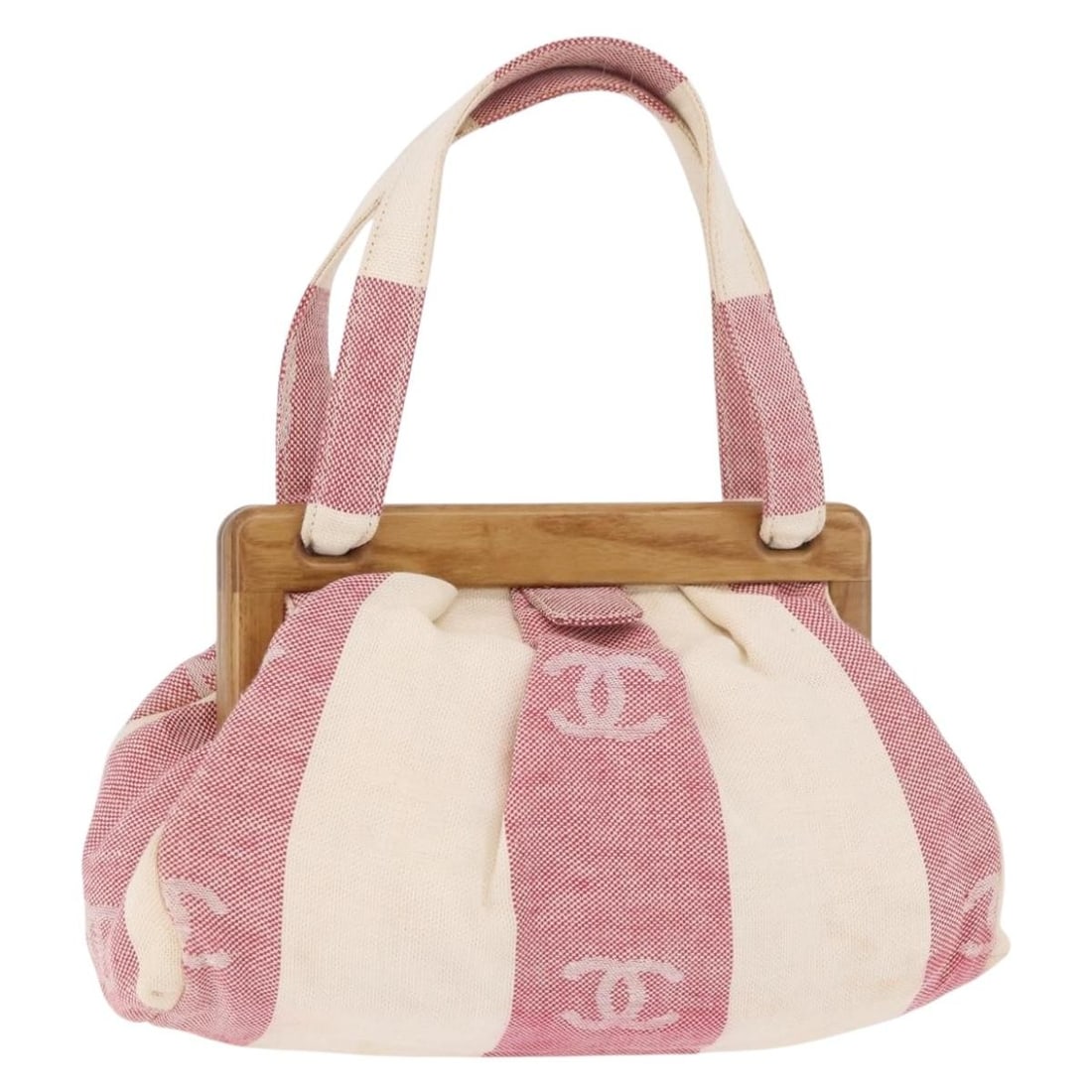 Chanel Pink Gold Canvas Hand Bag Italy: Chanel Pink Gold Canvas Hand Bag Italy CHANEL women's hand bag in pink and gold canvas, made in Italy. The bag measures approximately 28 cm wide, 16 cm high, and 10 cm deep, with a handle drop of appr