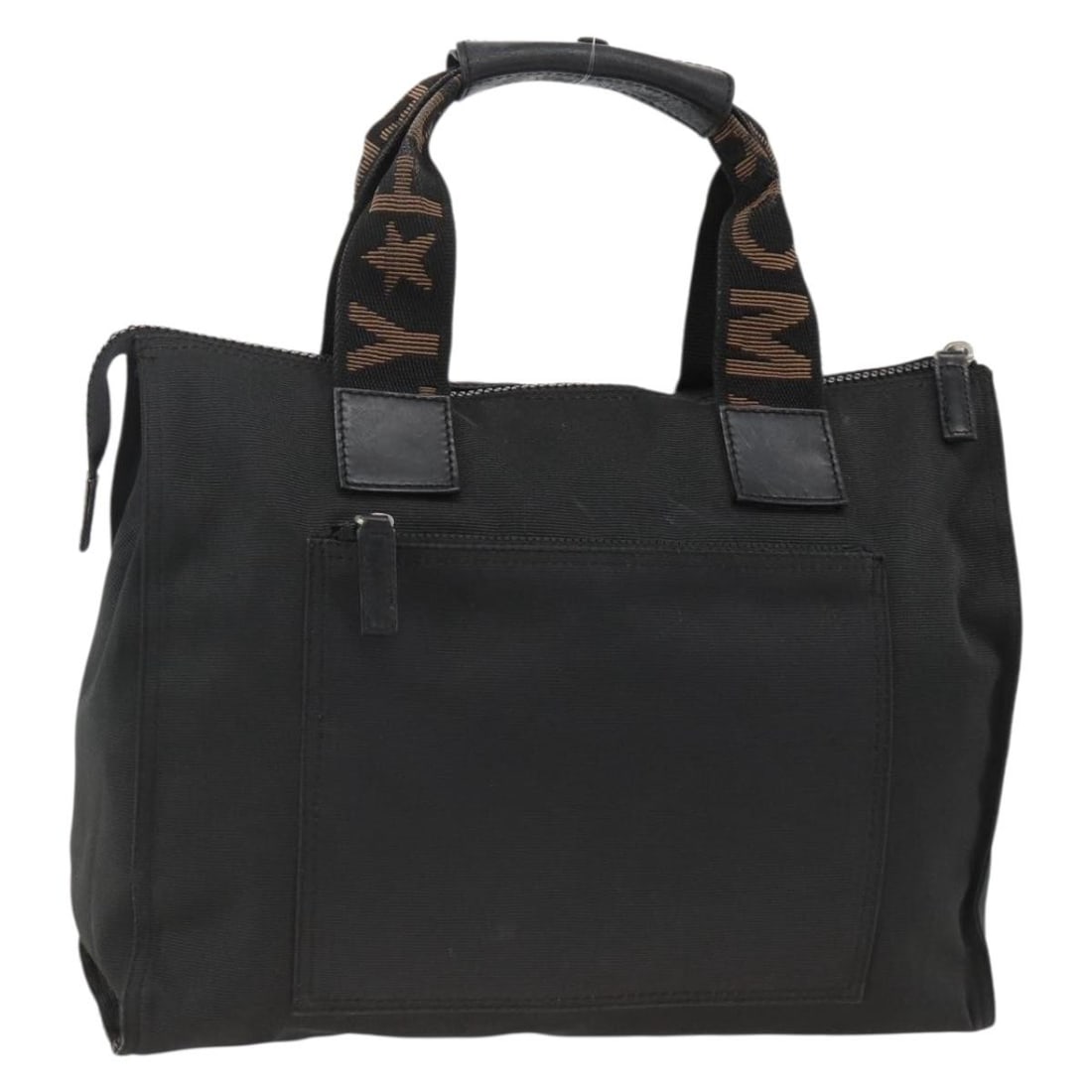 Fendi Black Canvas Handbag with Silver Accents for Women: Fendi Black Canvas Handbag with Silver Accents for Women This FENDI hand bag features a black and silver canvas exterior and is designed for women. Made in Italy, the bag has a structured shape with n