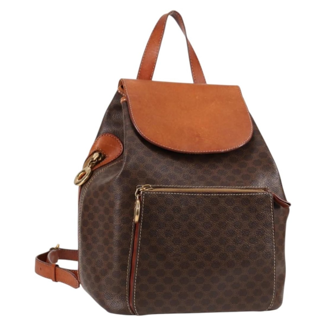 CELINE Macadam Canvas Backpack PVC Leather Brown Gold Made in Italy: CELINE Macadam Canvas Backpack PVC Leather Brown Gold Made in Italy This Celine Macadam Canvas Backpack is an elegant accessory crafted from durable PVC leather in a sophisticated brown and gold color