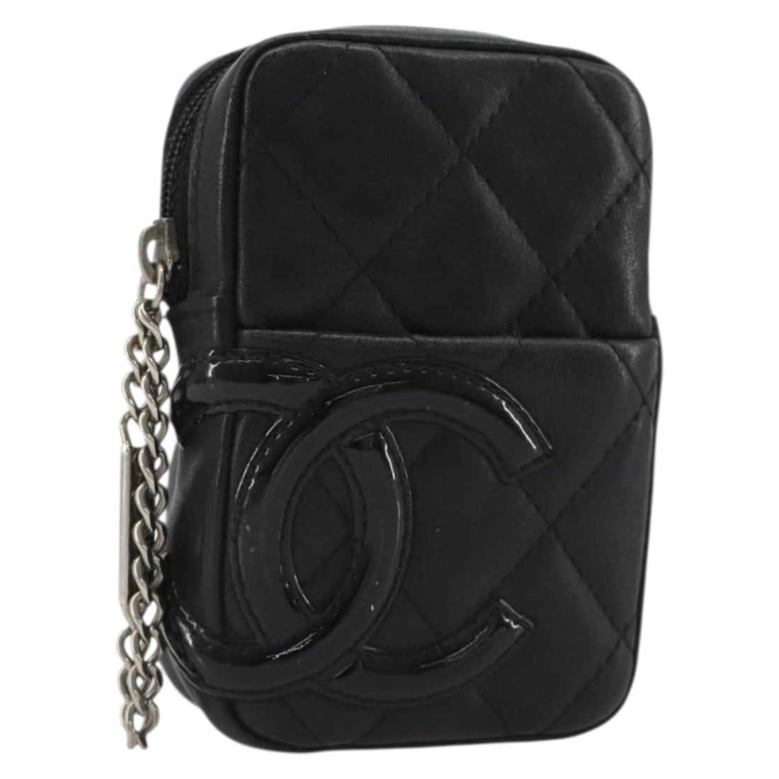 CHANEL Cambon Line Matelasse Lamb Skin Black Pouch CC France: CHANEL Cambon Line Matelasse Lamb Skin Black Pouch CC France Black CHANEL Matelasse Cambon Line pouch in lamb skin, made in France. The item is heavily used and shows out-of-shape wear, rubbing, sligh