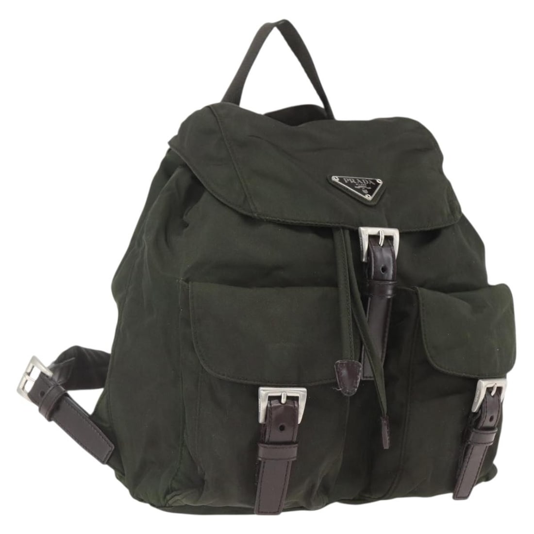Prada khaki nylon backpack silver trim women Italy: Prada khaki nylon backpack silver trim women Italy This PRADA women's backpack is crafted from durable nylon in a khaki and silver color combination. Made in Italy, it features a compact design with a