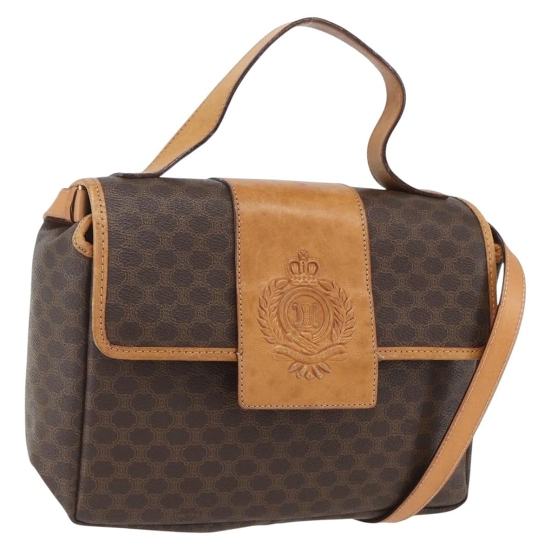 CELINE Macadam 2way Hand Bag Brown PVC Leather with Shoulder Strap: CELINE Macadam 2way Hand Bag Brown PVC Leather with Shoulder Strap This CELINE 2-way handbag is crafted from PVC leather and Macadam canvas in a brown and gold colorway. It comes with a shoulder strap