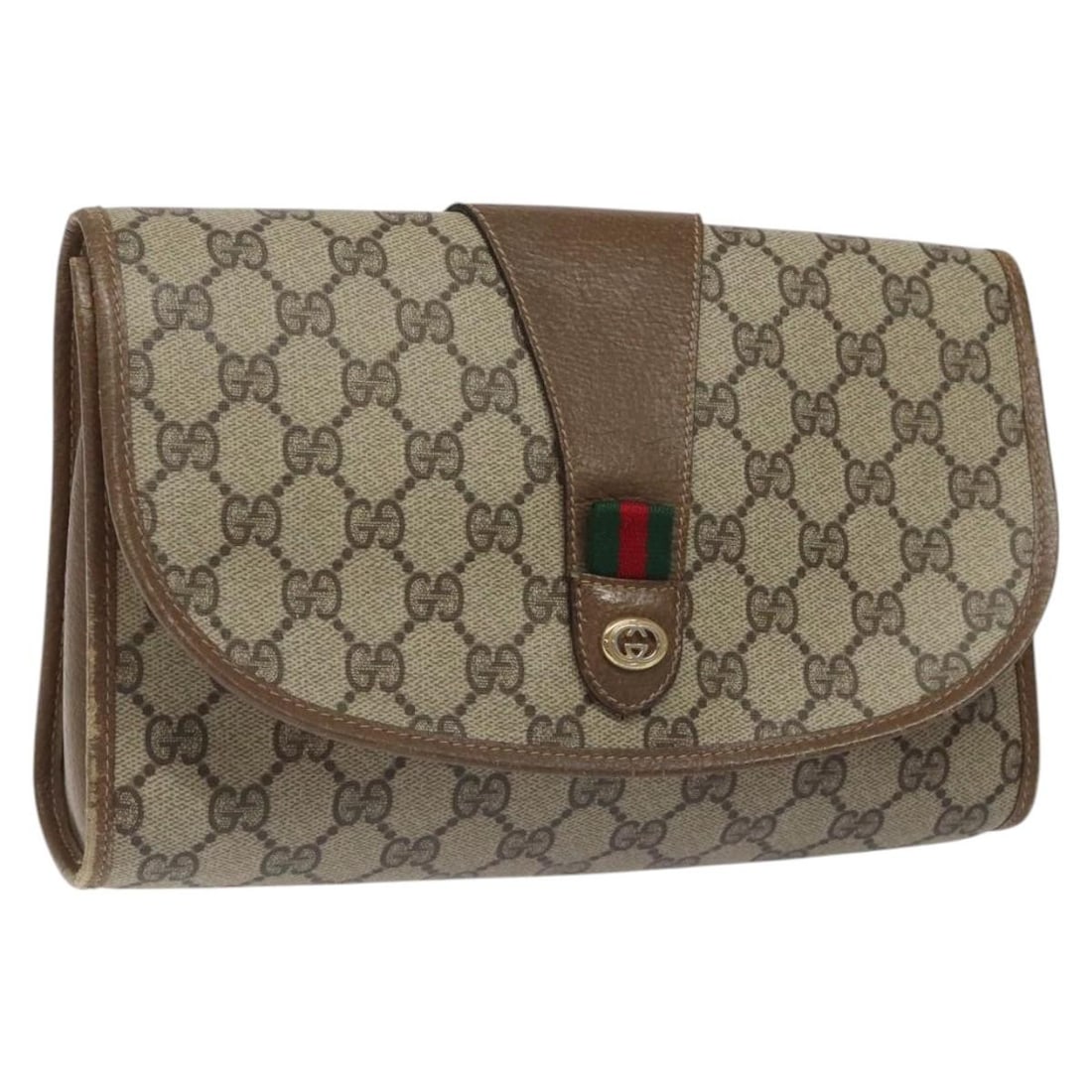 Gucci Sherry Line GG Supreme Beige PVC Clutch Bag 89 01 030: Gucci Sherry Line GG Supreme Beige PVC Clutch Bag 89 01 030 This is a Gucci GG Supreme Web Sherry Line clutch bag crafted from beige PVC leather and GG canvas. Designed for women, the clutch features 