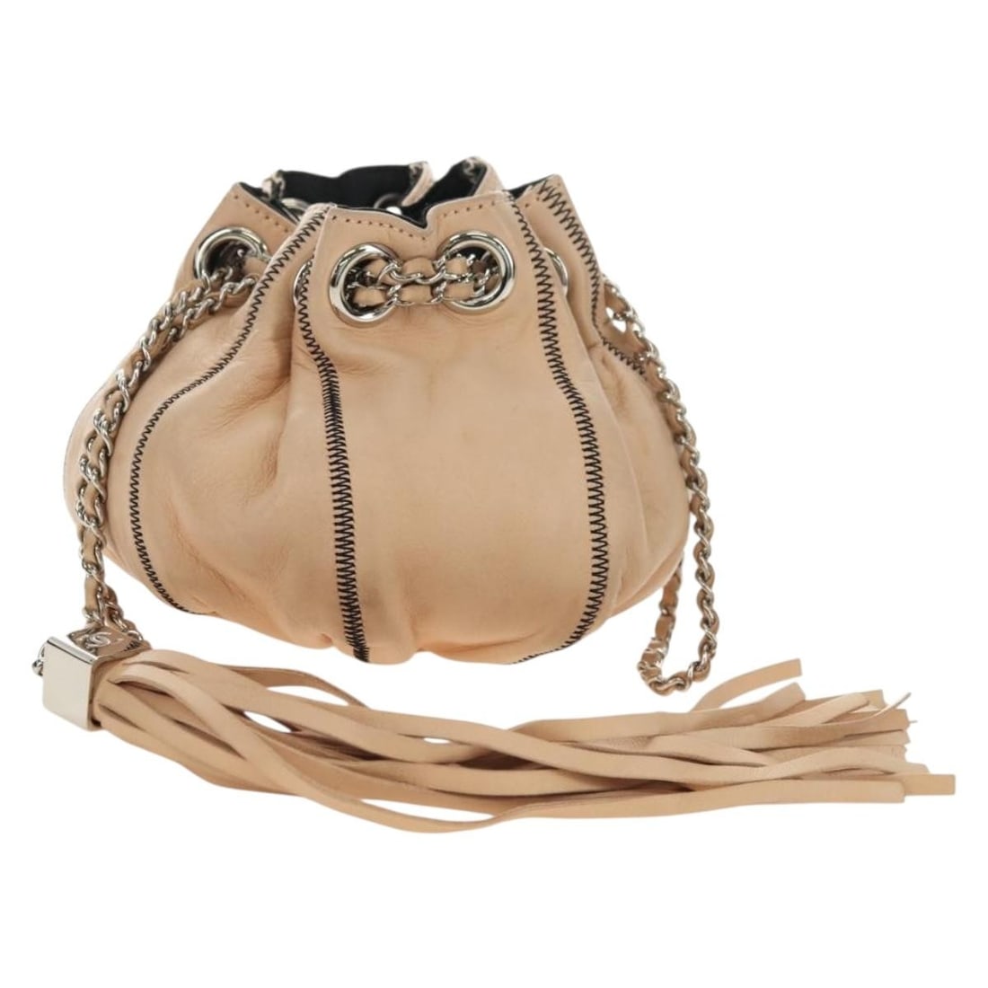 CHANEL Lamb Skin Chain Hand Bag Beige Silver CC: CHANEL Lamb Skin Chain Hand Bag Beige Silver CC A CHANEL chain purse handbag in beige and silver lamb skin, made in Italy. This women's hand bag comes with a dust bag and item box. Condition details n