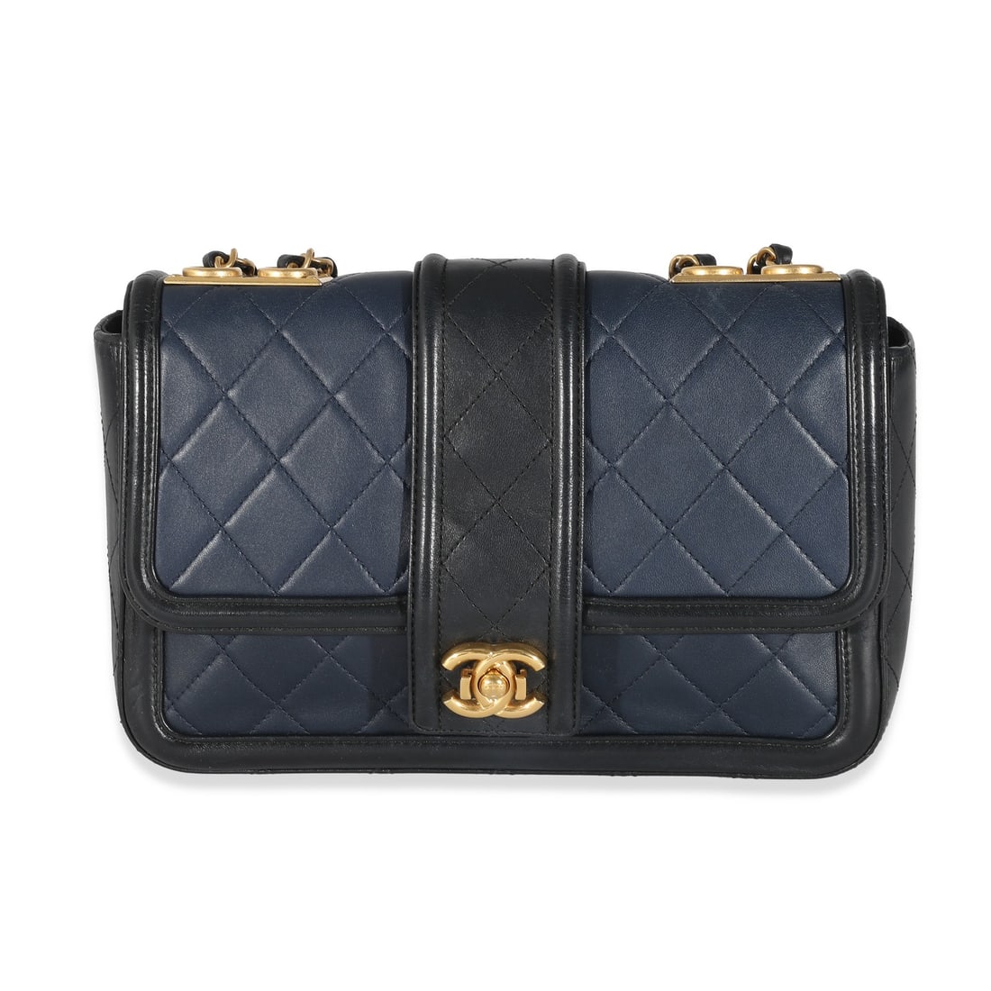 Chanel Medium Elegant CC Flap Shoulder Bag Navy Black Lambskin: Chanel Medium Elegant CC Flap Shoulder Bag Navy Black Lambskin A pre-owned medium shoulder bag in quilted lambskin with a push lock closure and gold-tone hardware. It features a black and blue colorwa