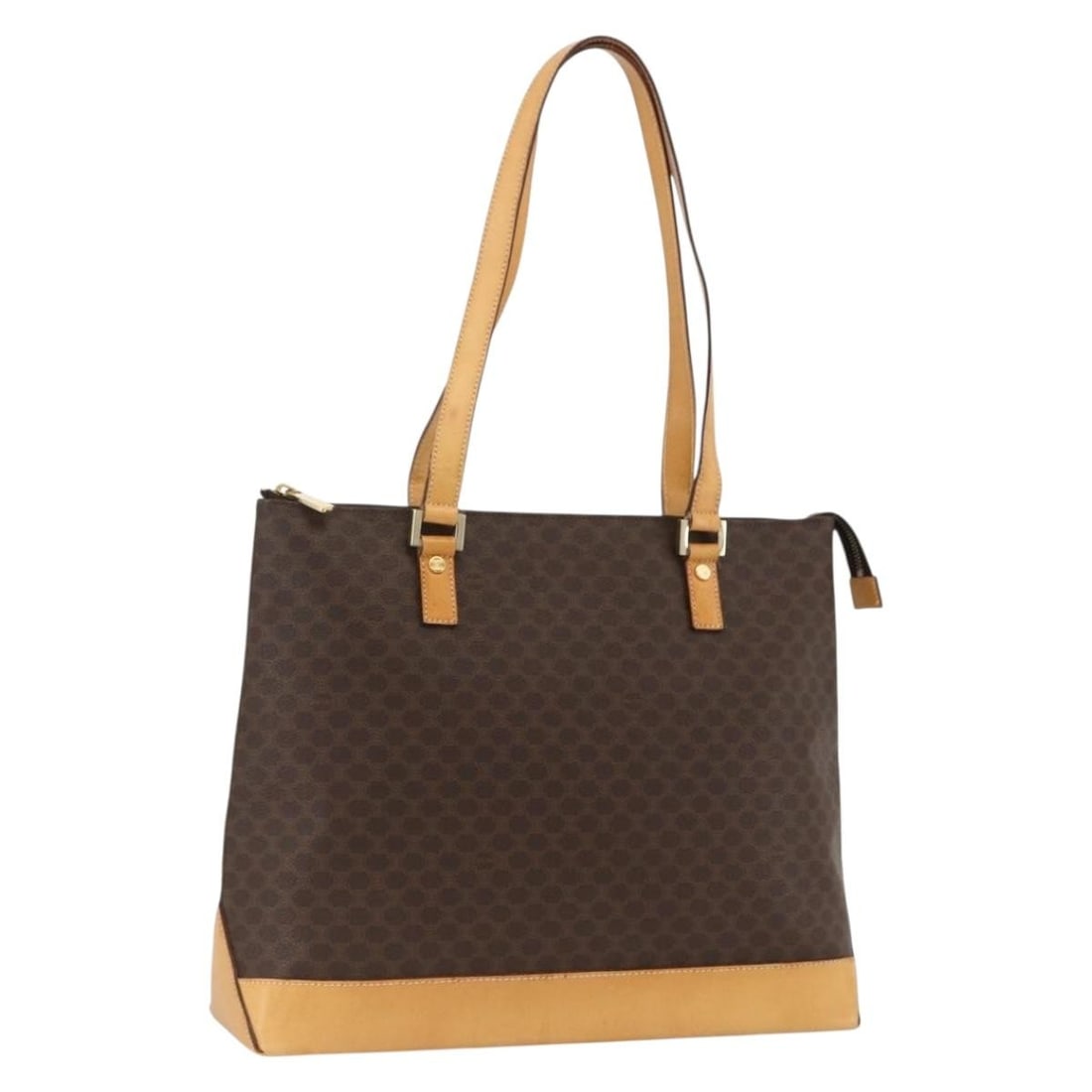 CELINE Macadam Tote Bag Brown PVC Leather Gold Tone: CELINE Macadam Tote Bag Brown PVC Leather Gold Tone Celine Macadam canvas tote bag in brown with gold-tone accents, crafted with PVC leather trim and made in Italy. This women's tote includes only the