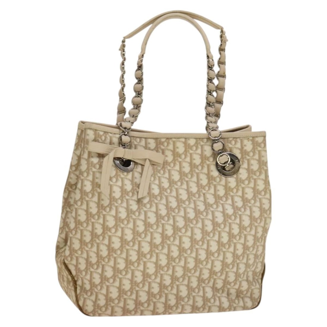 Christian Dior Romantic Chain Tote Bag Trotter Canvas PVC Beige Silver: Christian Dior Romantic Chain Tote Bag Trotter Canvas PVC Beige Silver A Christian Dior Trotter Canvas Romantic Chain Bag in beige and silver, presented as a tote bag made from PVC leather and Trotter