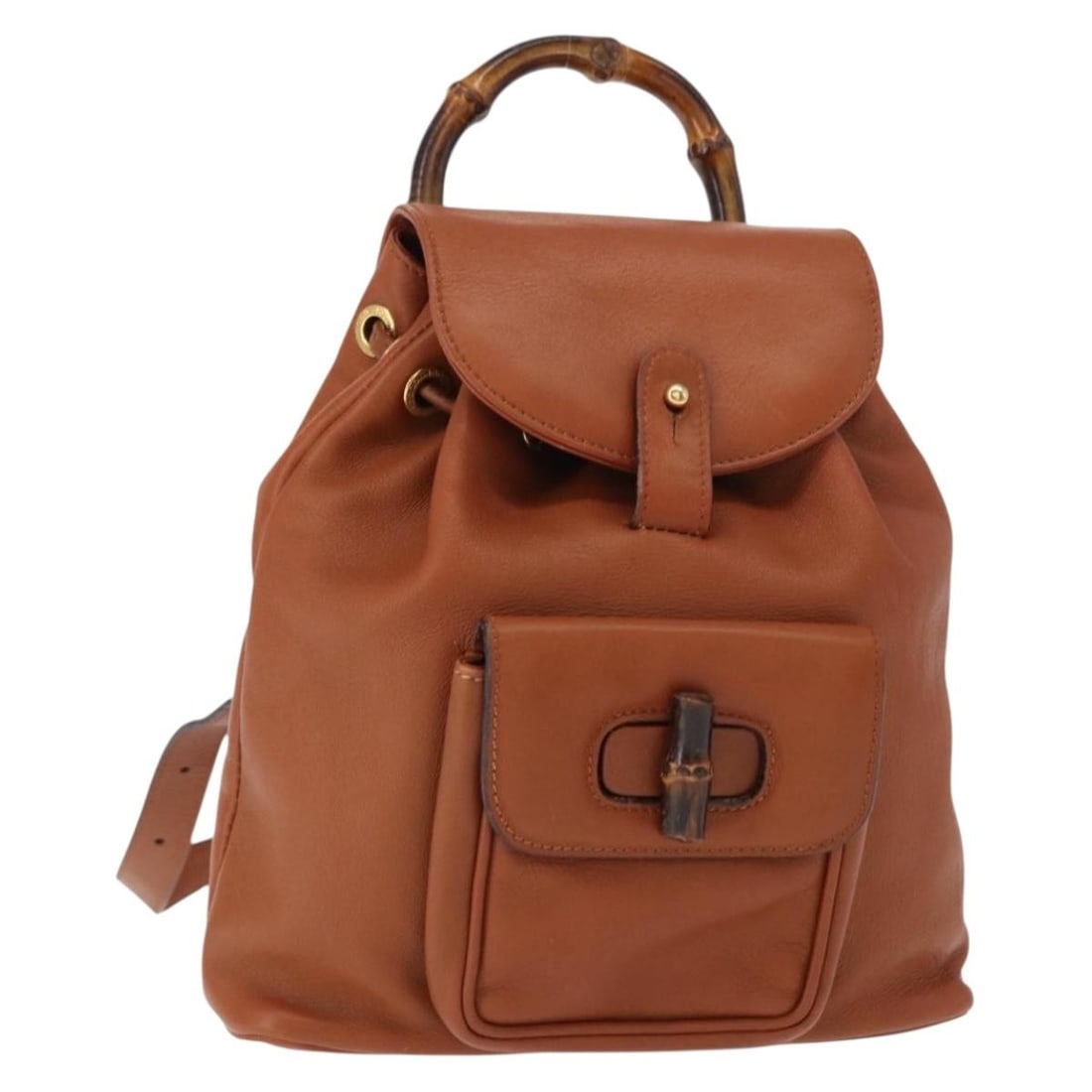 Gucci 003 2058 0030 Brown Leather Bamboo Backpack: Gucci 003 2058 0030 Brown Leather Bamboo Backpack Authentic Gucci Bamboo backpack in brown leather with gold-tone accents. This women's backpack is made in Italy and shows heavy use, including shape l