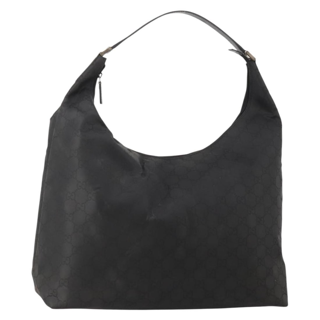 Gucci 012 0384 8 Black Nylon GG Canvas Shoulder Bag: Gucci 012 0384 8 Black Nylon GG Canvas Shoulder Bag Black shoulder bag made from nylon and GG canvas with silver-tone color accents. Made in Italy, this bag features a shoulder strap and a structured 