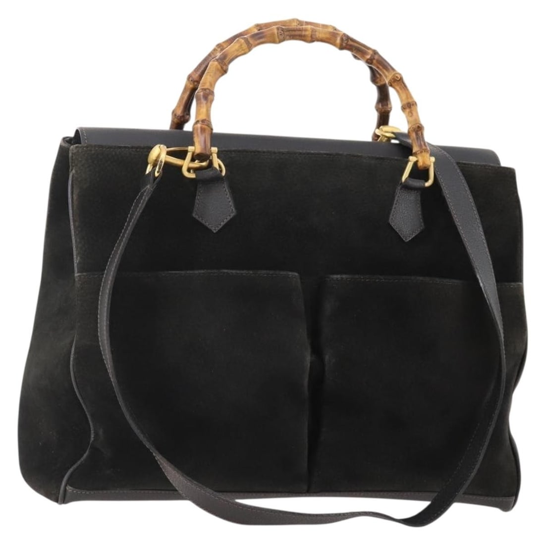GUCCI 002 123 0322 Bamboo Suede Tote with Shoulder Strap Black Gold: GUCCI 002 123 0322 Bamboo Suede Tote with Shoulder Strap Black Gold Gucci Bamboo Tote Bag in suede with a black and gold exterior. This 2-way tote includes a shoulder strap and was made in Italy. The 