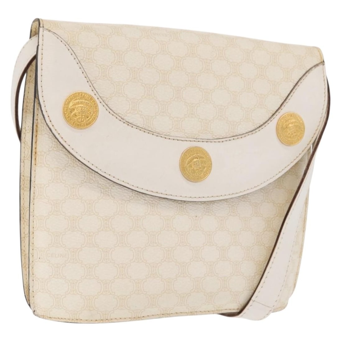 CELINE Macadam Shoulder Bag in White Gold PVC Leather: CELINE Macadam Shoulder Bag in White Gold PVC Leather This CELINE Macadam Canvas shoulder bag is crafted from PVC leather and Macadam canvas in a white and gold colorway. Made in Italy, it features a 