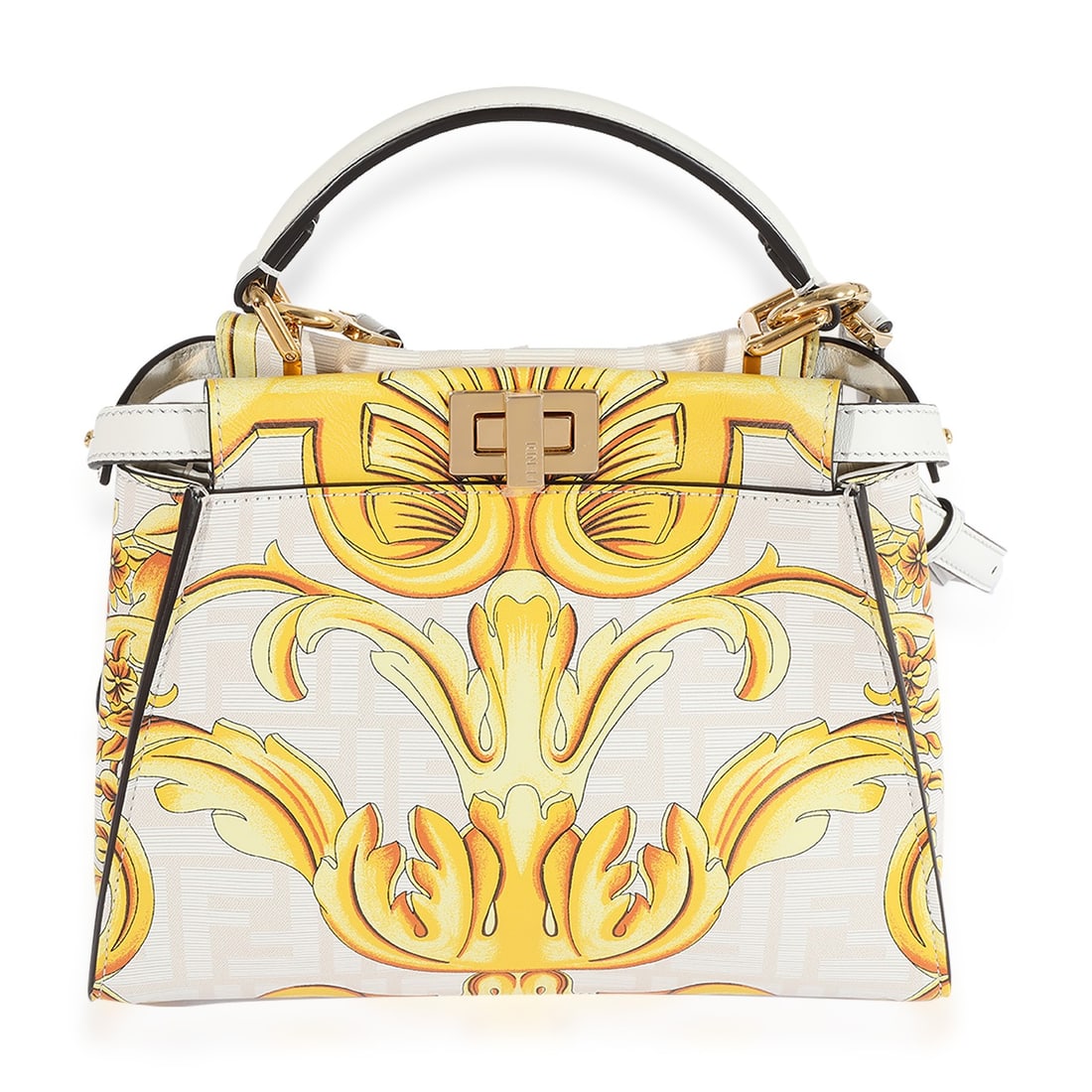 Fendi Peekaboo Mini Leather Bag White Gold Fendace Baroque: Fendi Peekaboo Mini Leather Bag White Gold Fendace Baroque Mini Fendi x Versace Fendace Peekaboo handbag in gold, white, and yellow with a Baroque FF motif pattern. It features a turnlock closure, lea