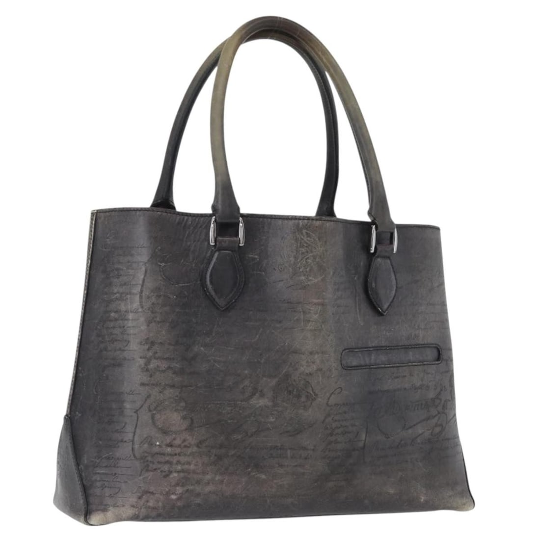 Berluti To Joule Black Leather Tote with Silver Tone: Berluti To Joule Black Leather Tote with Silver Tone Berluti Calligraphy To Joule tote bag in black and silver leather. Made in Italy, this women's tote is offered without the original box or dust bag