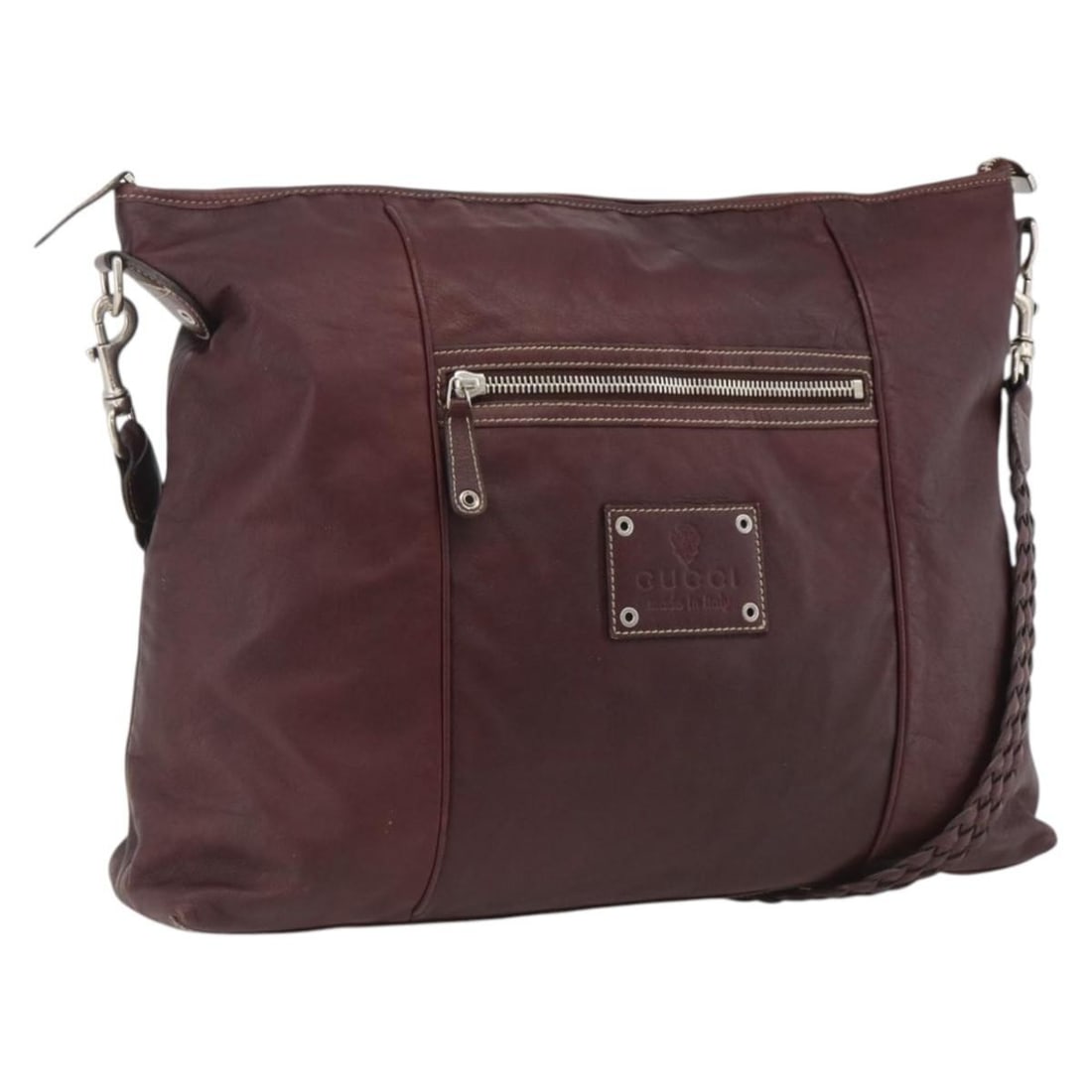 GUCCI Bordeaux Leather Shoulder Bag 189678 Silver Tone Italy: GUCCI Bordeaux Leather Shoulder Bag 189678 Silver Tone Italy This GUCCI shoulder bag features a Bordeaux leather exterior with silver-tone accents. Designed for women, the bag offers a spacious interi