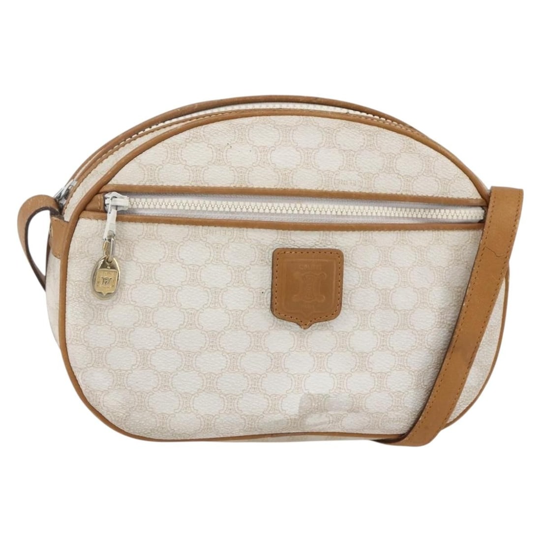 CELINE Macadam PVC Leather Shoulder Bag White Gold Italy Auth: CELINE Macadam PVC Leather Shoulder Bag White Gold Italy Auth This CELINE Macadam Canvas Shoulder Bag combines style and practicality. Crafted in Italy from durable PVC leather, it features a striking