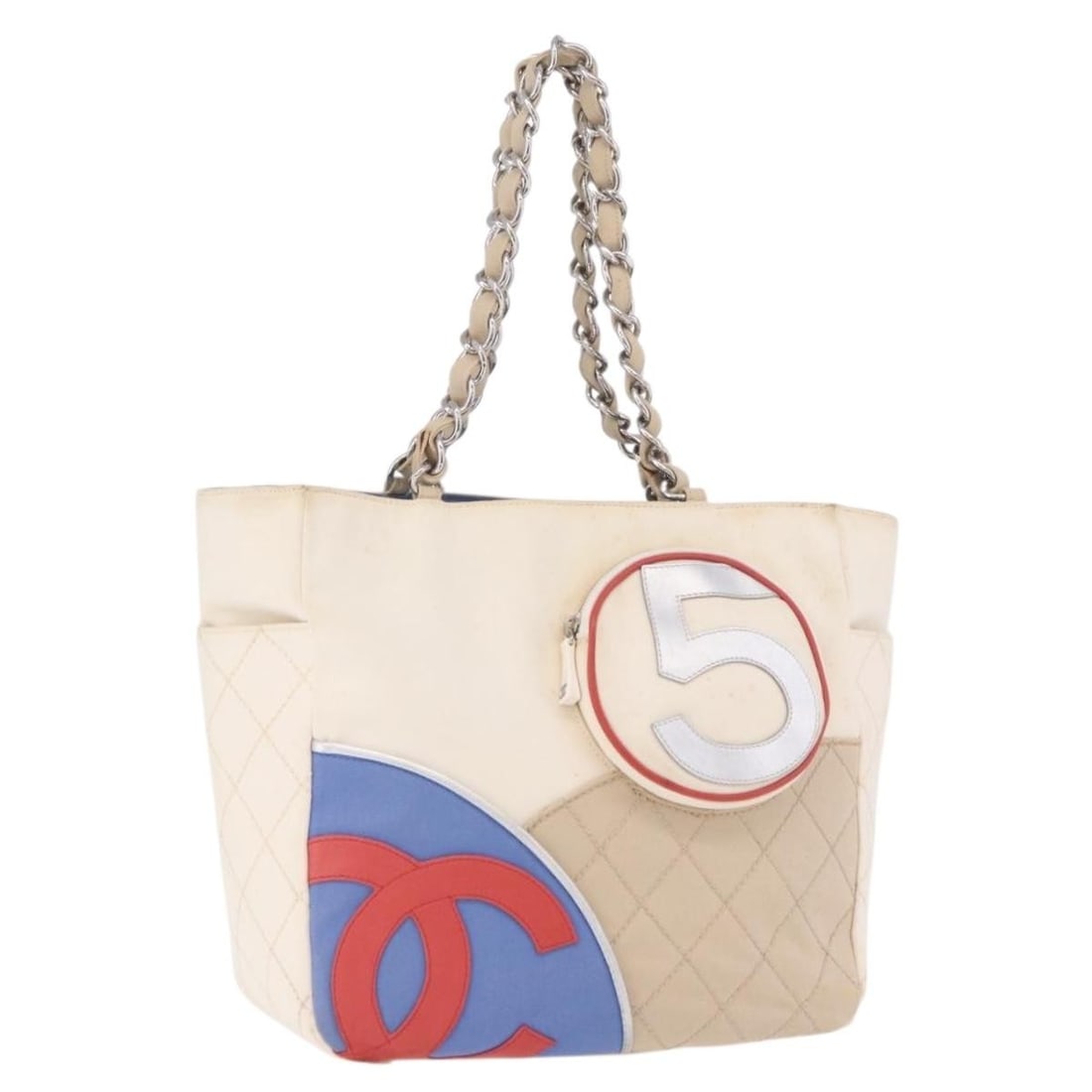 Chanel No. 5 Wild Stitch Canvas Tote Ivory Silver Chain Bag: Chanel No. 5 Wild Stitch Canvas Tote Ivory Silver Chain Bag Ivory and silver CHANEL No. 5 Wild Stitch Chain Tote Bag in canvas, made in Italy. This tote bag features a chain design and comes in heavil