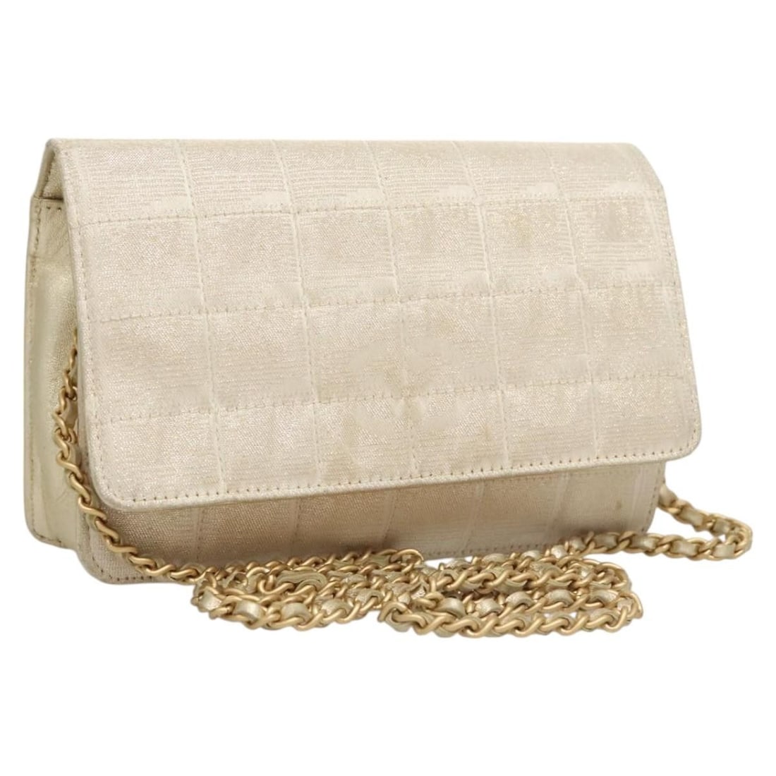 CHANEL Gold Nylon Shoulder Wallet Chain Bag with Dust Bag Card: CHANEL Gold Nylon Shoulder Wallet Chain Bag with Dust Bag Card This CHANEL Travel Line chain wallet is crafted from gold-colored nylon and features a classic shoulder bag design. It comes with a dust 