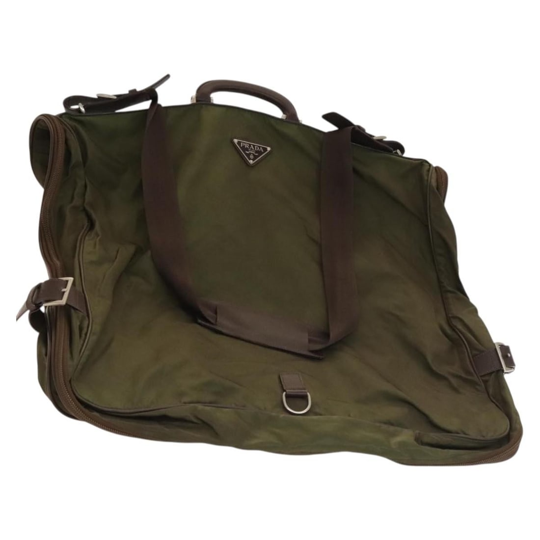 PRADA Khaki Silver Nylon Garment Cover Made in Italy: PRADA Khaki Silver Nylon Garment Cover Made in Italy This authentic PRADA Garment Cover is crafted from durable nylon in a stylish khaki and silver color scheme. Ideal for protecting your garments, it