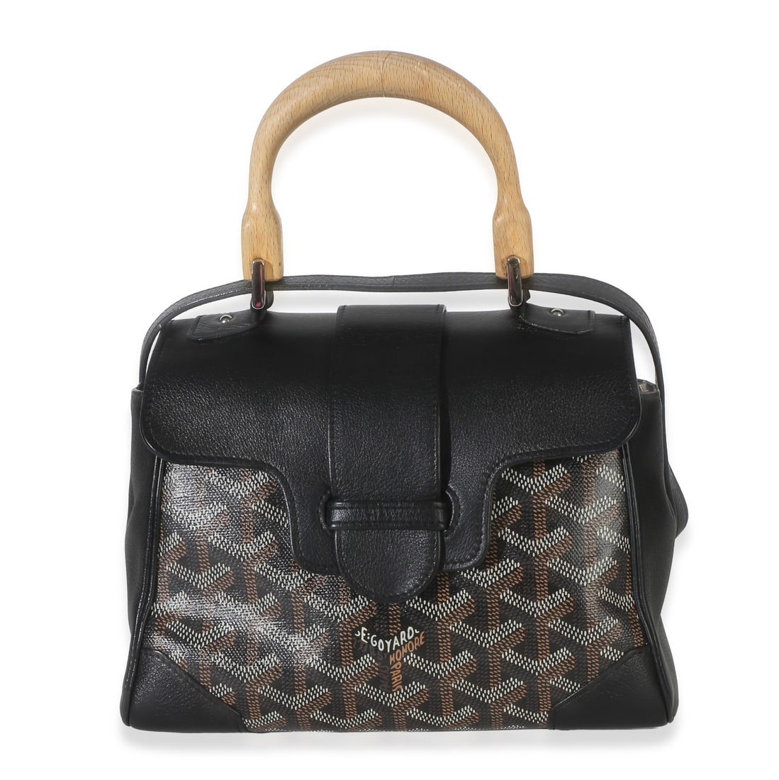 Goyard Saigon Mini Black Goyardine Canvas Top Handle Bag: Goyard Saigon Mini Black Goyardine Canvas Top Handle Bag A pre-owned Goyard Saigon Souple Mini handbag in black Goyardine canvas with a top handle silhouette. It features a flap top with loop closure,