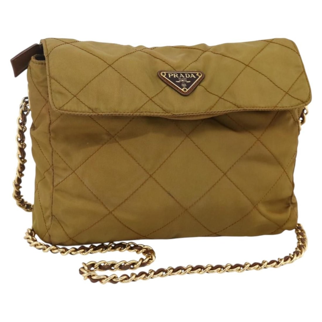 Prada Beige Nylon Shoulder Bag with Gold Chain Strap: Prada Beige Nylon Shoulder Bag with Gold Chain Strap This PRADA chain shoulder bag is crafted from beige nylon with gold-tone accents. Designed for women, it features a spacious main compartment and a