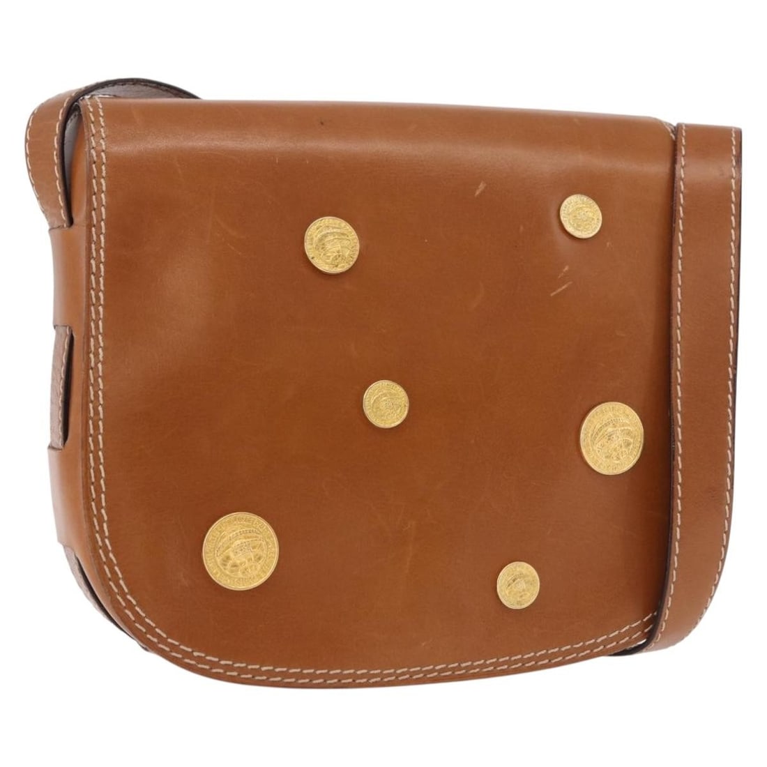CELINE Medal Leather Shoulder Bag Brown Gold Tone Italy: CELINE Medal Leather Shoulder Bag Brown Gold Tone Italy This CELINE shoulder bag is crafted from leather in a brown and gold color combination. Made in Italy, it features a shoulder strap with an appr