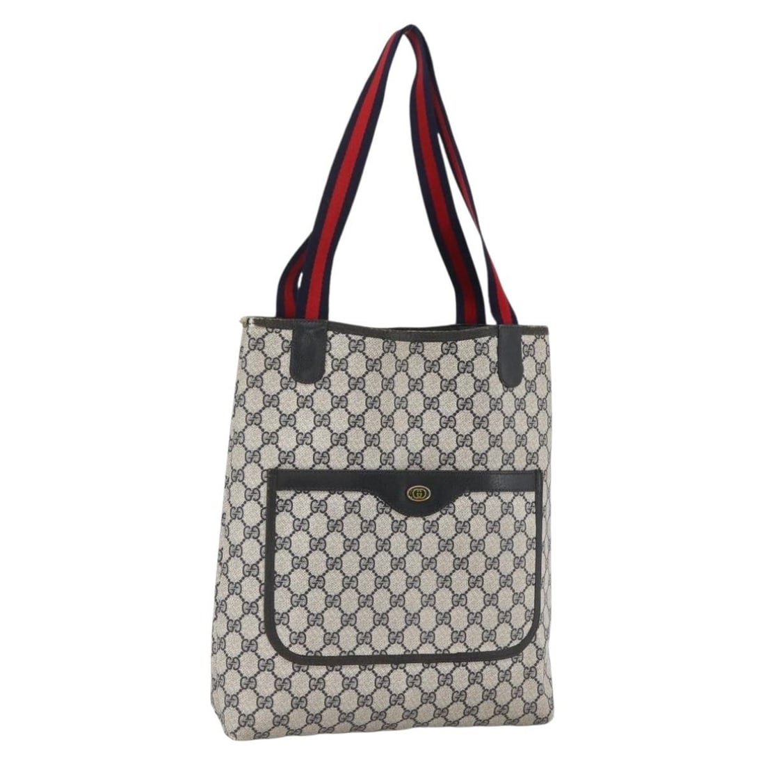 Gucci Sherry Line Navy Tote GG Supreme PVC Leather Italy 39 02 003: Gucci Sherry Line Navy Tote GG Supreme PVC Leather Italy 39 02 003 This GUCCI GG Supreme Sherry Line tote bag features a navy, gold, and red color palette with GG canvas and PVC leather accents. Desig