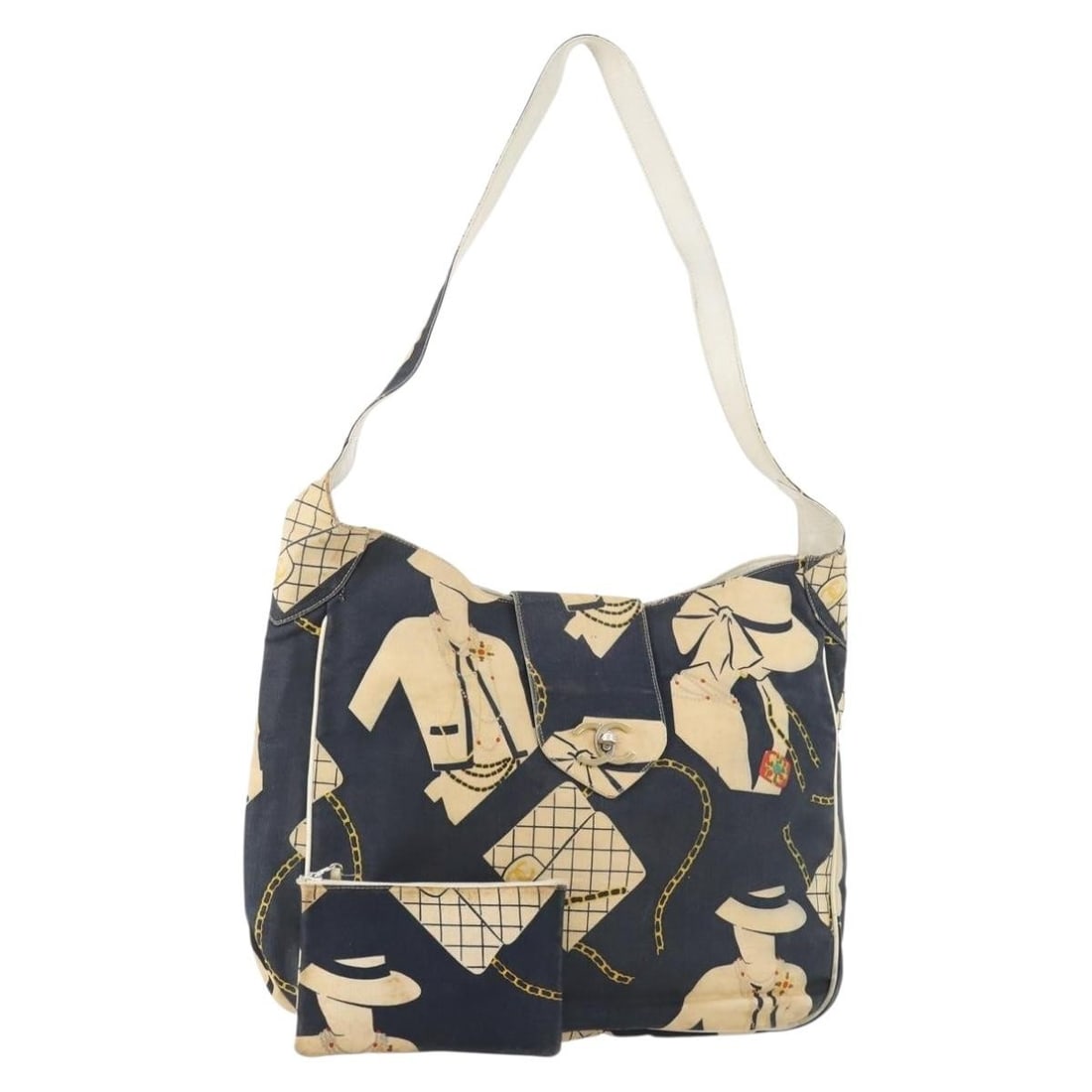 CHANEL Canvas Shoulder Bag Navy Gold with Pouch: CHANEL Canvas Shoulder Bag Navy Gold with Pouch Authentic CHANEL shoulder bag in navy and gold canvas with an included pouch. Made in Italy, this women's bag is a heavily used piece showing notable we