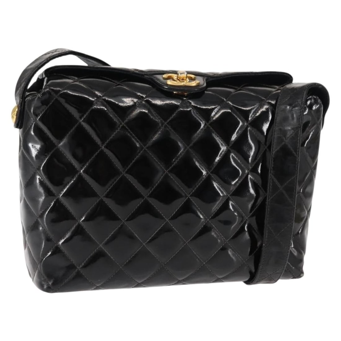 CHANEL Matelasse Patent Leather Shoulder Bag Black Gold CC (1 of 18)